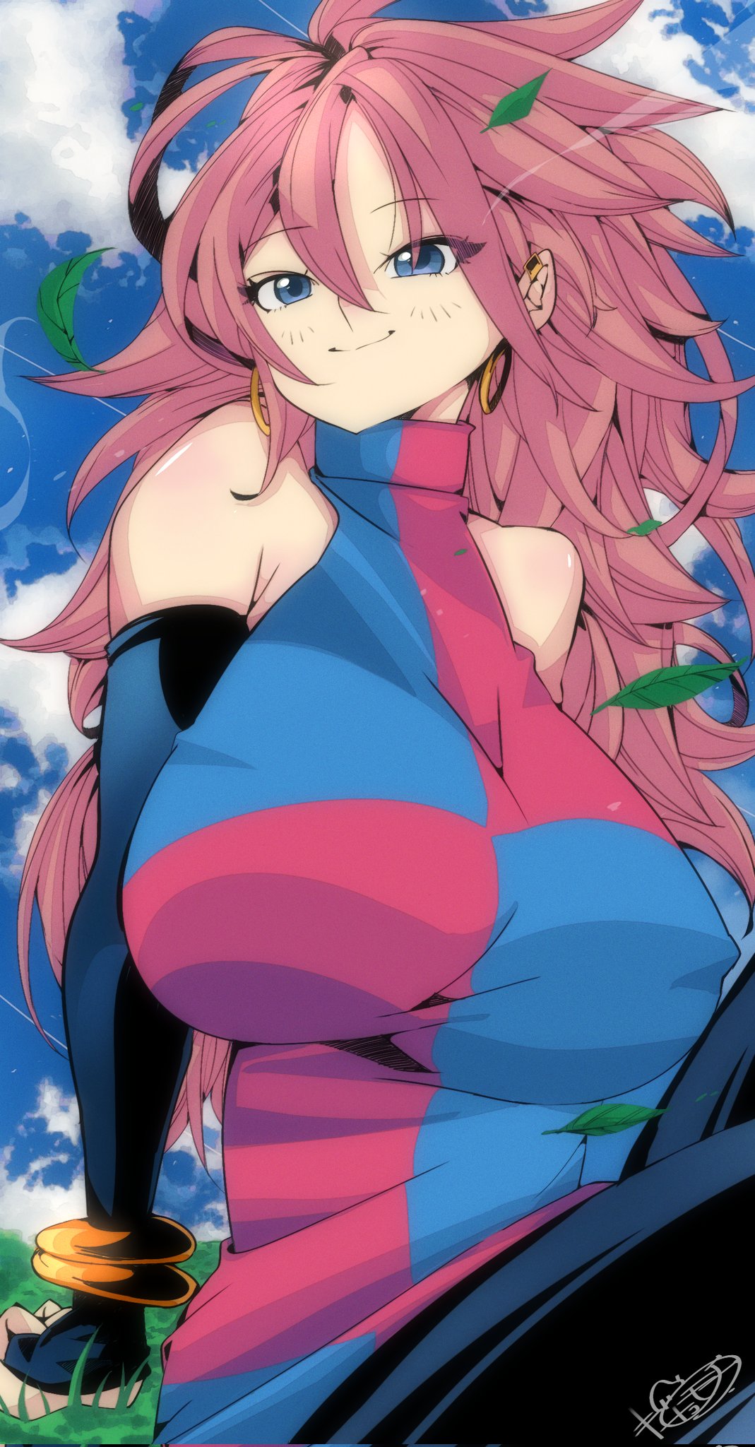 android 21, android 21 (human), arc system works, bandai namco, big breasts, blue eyes, bracelets, breasts, brown hair, dragon ball, dragon ball fighterz, ear piercing, earrings, elbow gloves, exposed, exposed shoulders, female, gold jewelry, long hair, looking at viewer, omochi db, smile, stockings, turtleneck, voluptuous female, vomi (dragon ball)