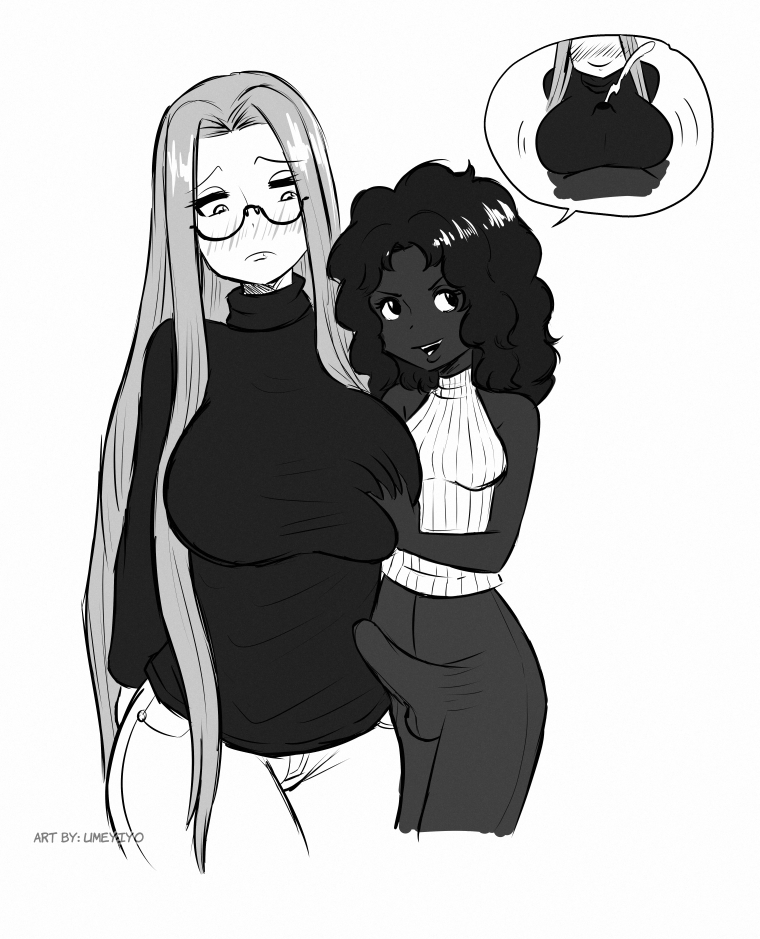 1futa, 1girls, balls, blush, breast grab, breasts, clothed, clothed female, clothing, cum, cumshot, dark skin, dark-skinned female, erection, erection under clothes, fate (series), fate/grand order, female, futa with female, futanari, glasses, grabbing, grabbing breasts, huge breasts, intersex, isha (umeyiyo), medusa (fate), original character, paizuri, penis, testicles, umeyiyo