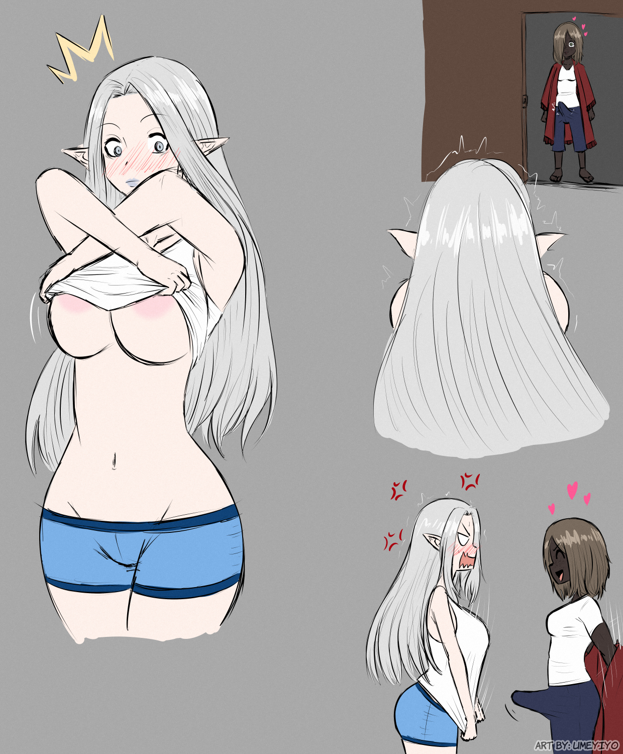 1futa, 1girls, angry, balls, breasts, clothed, clothed female, clothing, dark skin, dark-skinned female, elezen, elf, elf ears, elf female, erection, erection under clothes, fate (series), fate/grand order, female, final fantasy, final fantasy xiv, futa on female, futanari, huge breasts, intersex, open clothes, open mouth, original character, penis, square enix, testicles, umeyiyo, undressing, ysayle dangoulain