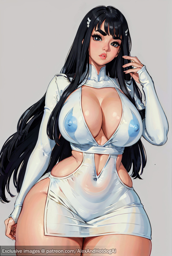 ai_generated alexandhotdogai big_pupils huge_breasts kill_la_kill kiryuuin_satsuki plump_lips stable_diffusion tight_clothing visible_nipples white_dress wide_hips