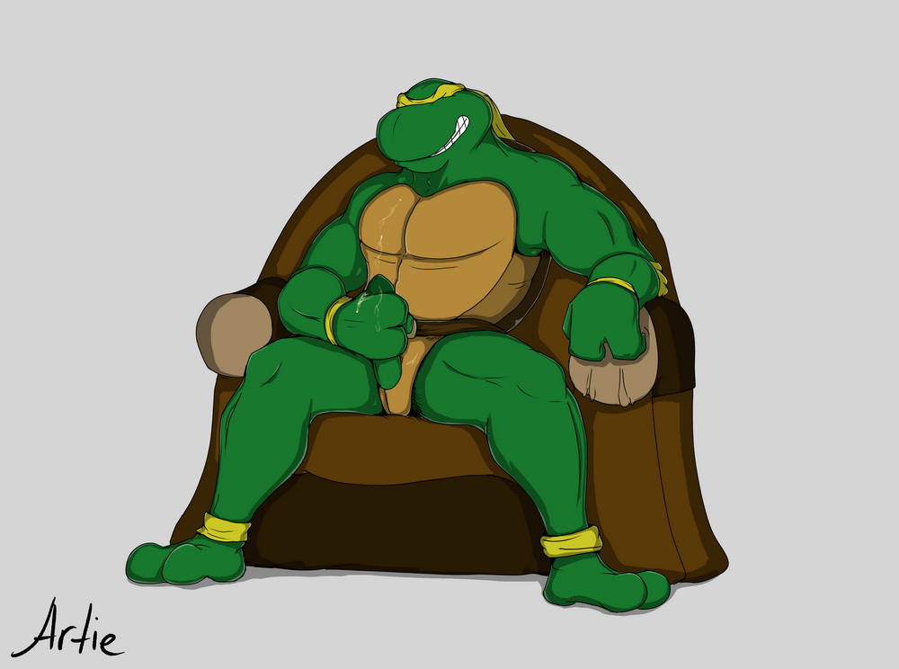 abs anthro artietheartbull biceps blush erection genitals group male male_only mask masturbation michelangelo_(tmnt) muscular muscular_anthro muscular_male nude penis reptile scalie shell simple_background solo teenage_mutant_ninja_turtles teenager tongue tongue_out turtle young