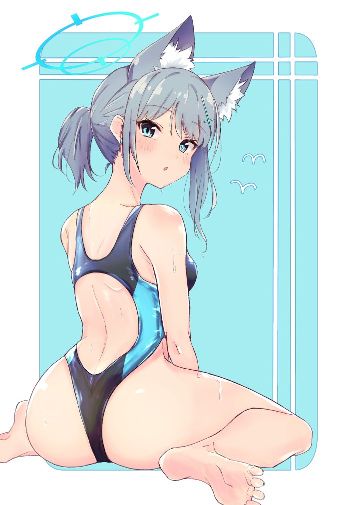 :o abydos_high_school_student artist_request barefoot blue_archive competition_swimsuit foreclosure_task_force_(blue_archive) heterochromatic_pupils huge_ass looking_at_viewer medium_breasts rear_view shiroko_(blue_archive) shiroko_(swimsuit)_(blue_archive) sitting tagme_(artist) white_pupil wolf_ears