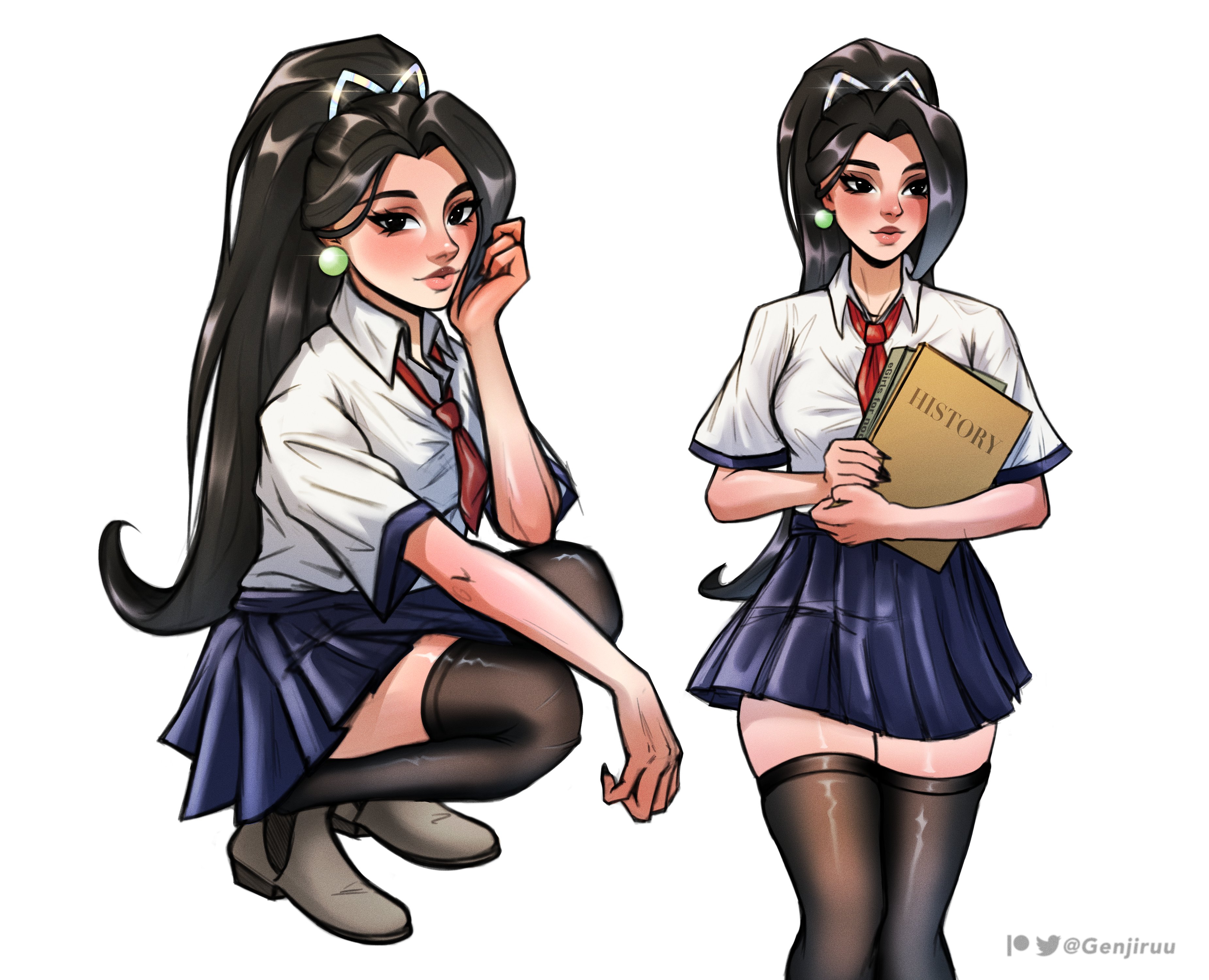 black hair, earrings, female, genjiruu, sage (valorant), school uniform, schoolgirl, tagme, thick thighs, thighhighs, valorant
