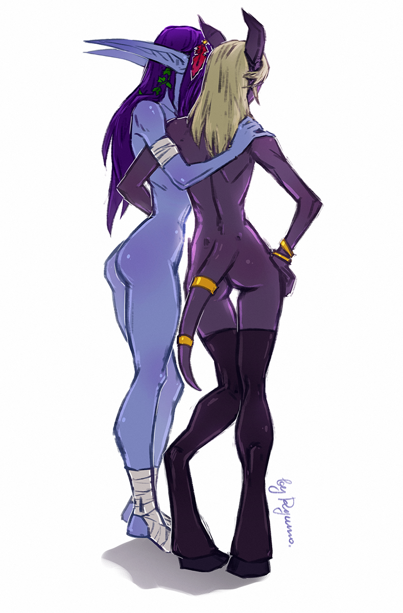 2girls blizzard_entertainment blue_skin draenei multiple_girls neryumo night_elf original_character purple_hair purple_skin repakuku stockings warcraft white_hair world_of_warcraft