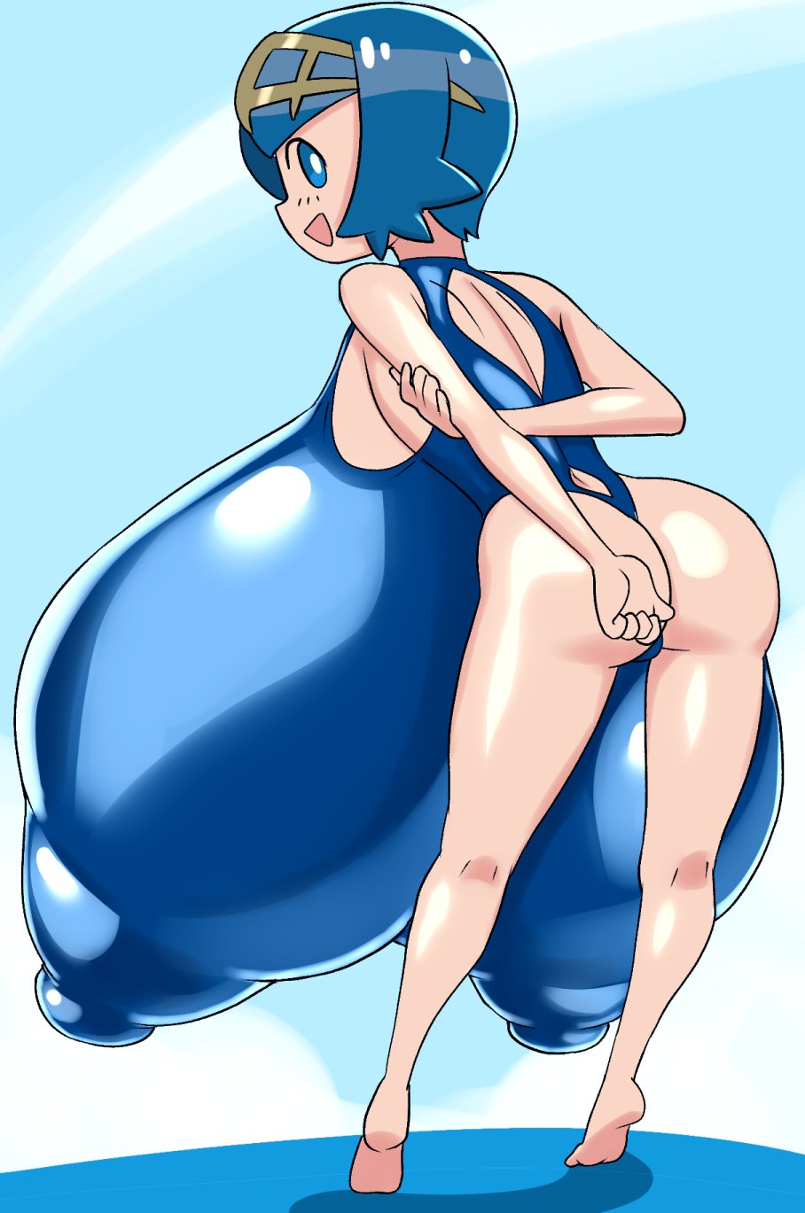 1girls, aged up, alternate breast size, angstrom, back view, backboob, big breasts, blue eyes, blue hair, breasts, breasts bigger than head, clothed, female, female only, huge breasts, hyper, hyper breasts, lana (pokemon), nintendo, nipples visible through clothing, pokemon, pokemon sm, swimsuit, top heavy