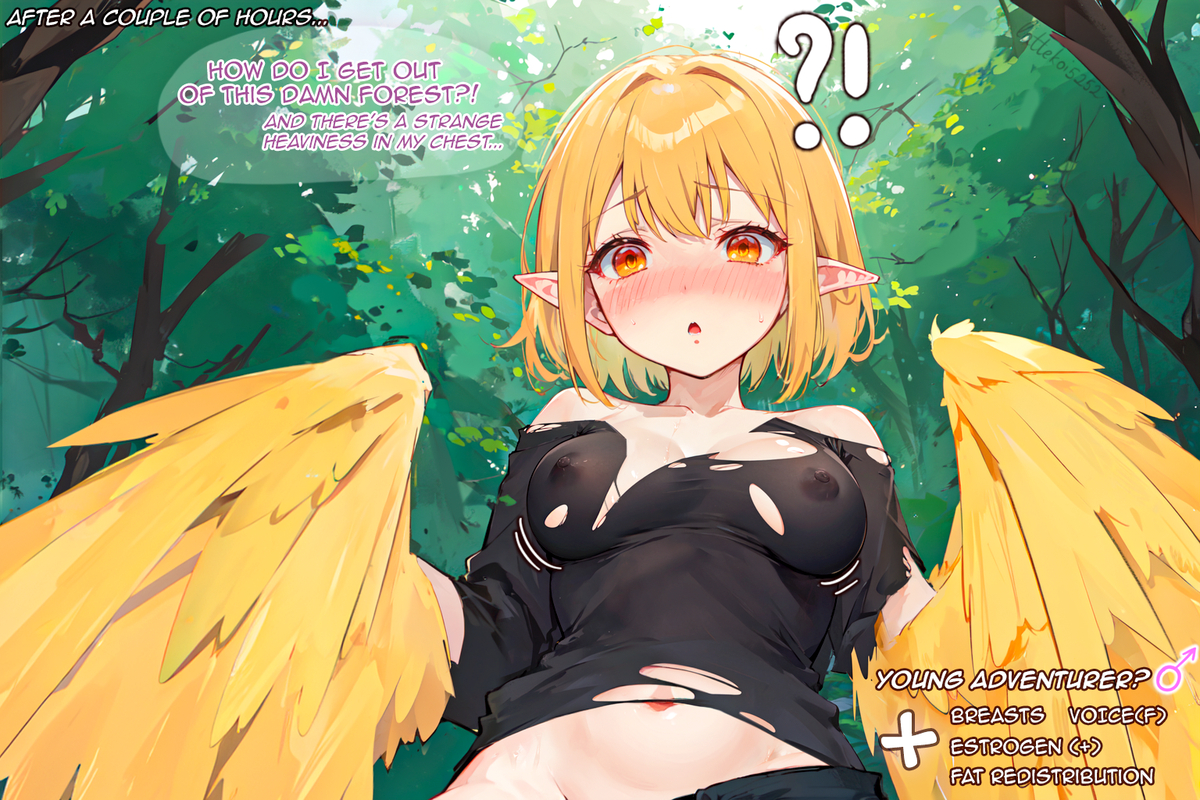 :o, ?!, ai assisted, ai generated, ambiguous gender, animal humanoid, avian humanoid, black shirt, blonde hair, blush, breasts, clothing, day, english text, expansion, feathered wings, feathers, female, feminization, forest, gender symbol, harpy, implied transformation, lattekoi5252, light skin, medium breasts, motion lines, navel, nipples, nipples visible through clothing, open mouth, orange eyes, original, outdoors, perky breasts, pointy ears, short hair, solo, text, torn bodysuit, torn clothes, transformation, tree, upper body, winged arms, wings