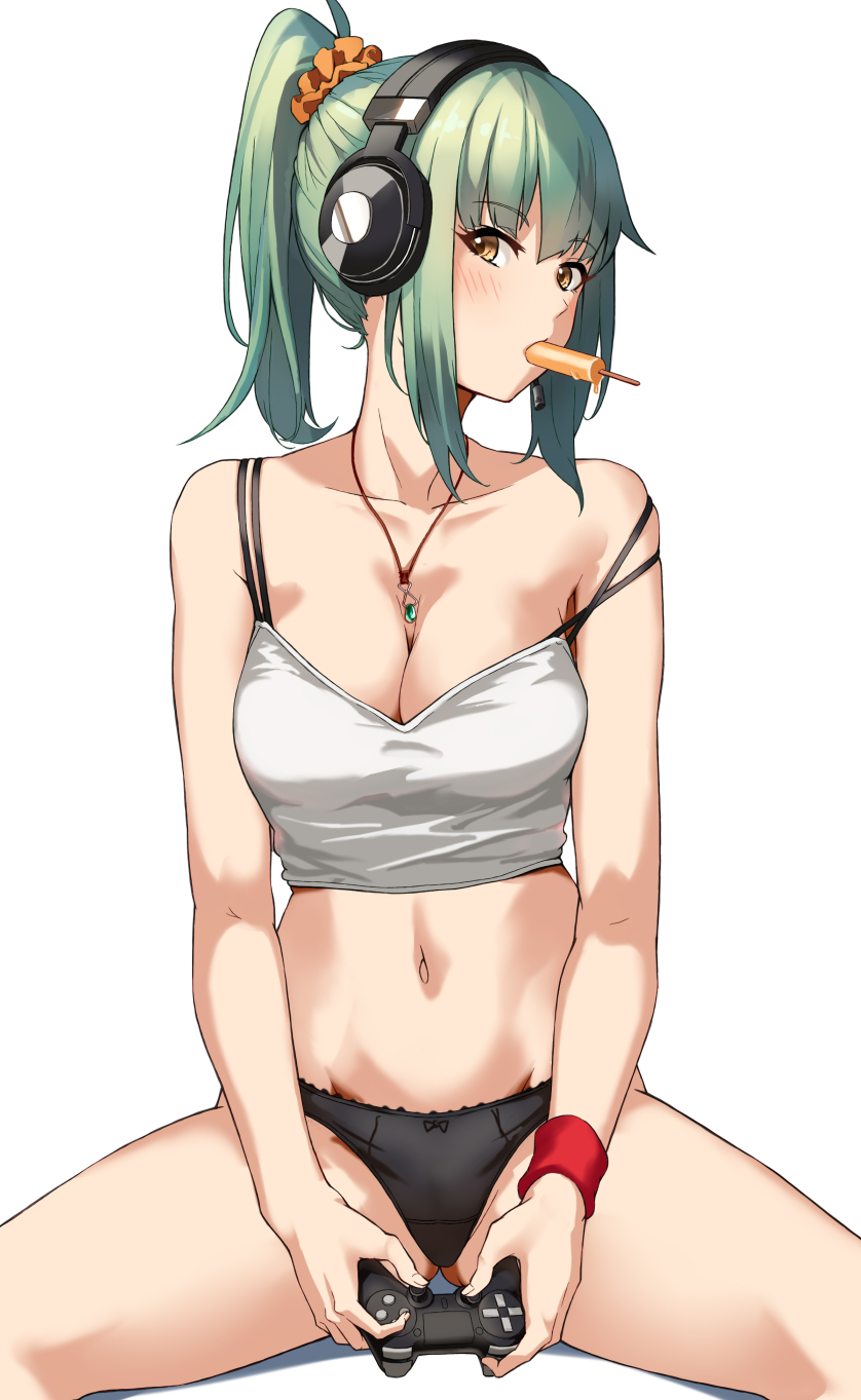 black_panties blush breasts brown_eyes cleavage controller female food game_controller green_hair hair_ornament hair_scrunchie headphones headset highres jewelry kantai_collection medium_breasts midriff mouth_hold navel necklace off_shoulder panties ponytail popsicle scrunchie sidelocks simple_background sitting solo spread_legs tank_top underwear white_background yashiro_(silver_will) yuubari_(kantai_collection)