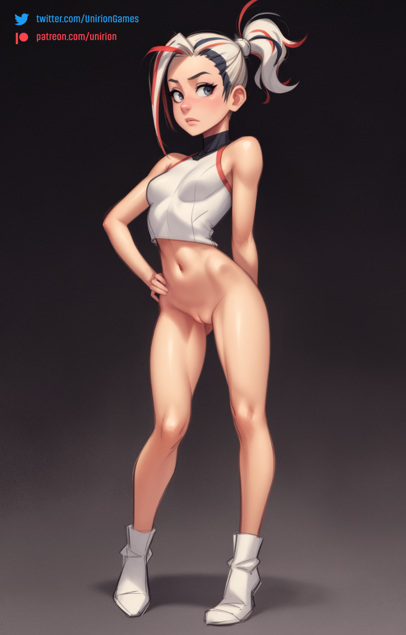 ai_generated ass_visible_through_thighs bare_shoulders blush bottomless breasts female full_body hand_on_hip hands_on_hips high_ponytail looking_at_viewer multicolored_hair navel pointy_hair pussy sleeveless solo standing streaked_hair two-tone_hair uncensored unirion white_footwear white_hair