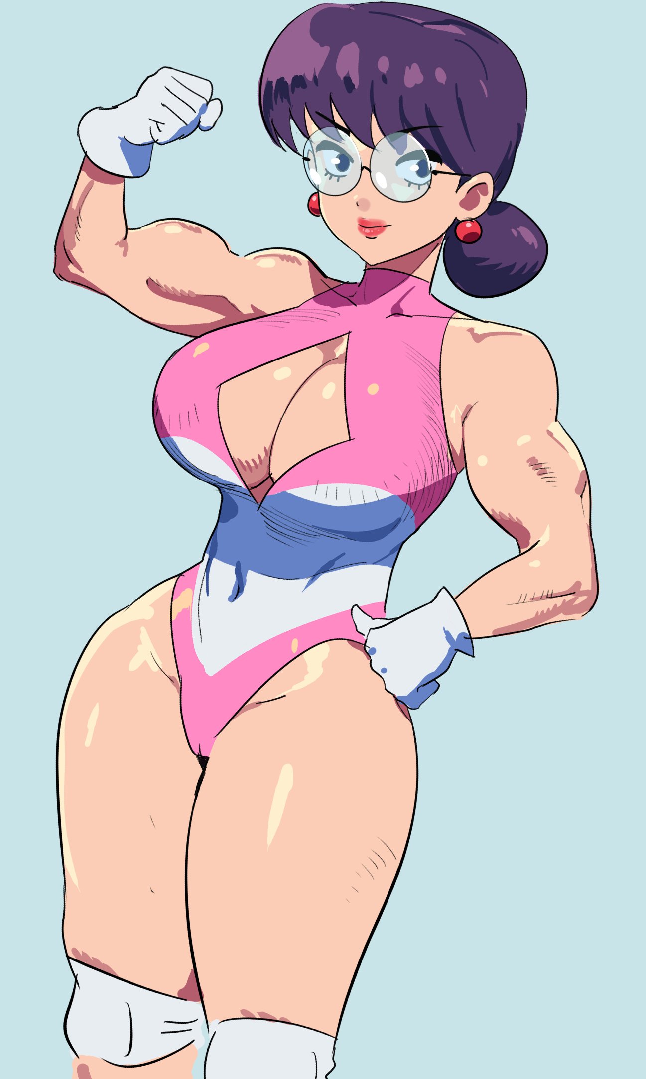 1girls cleavage_cutout flexing flexing_bicep glasses hair_bun highleg_leotard huge_breasts jojierru leotard lips m mama_(punch_punch_forever!) milf muscular_arms muscular_female punch_punch_forever! round_glasses simple_background