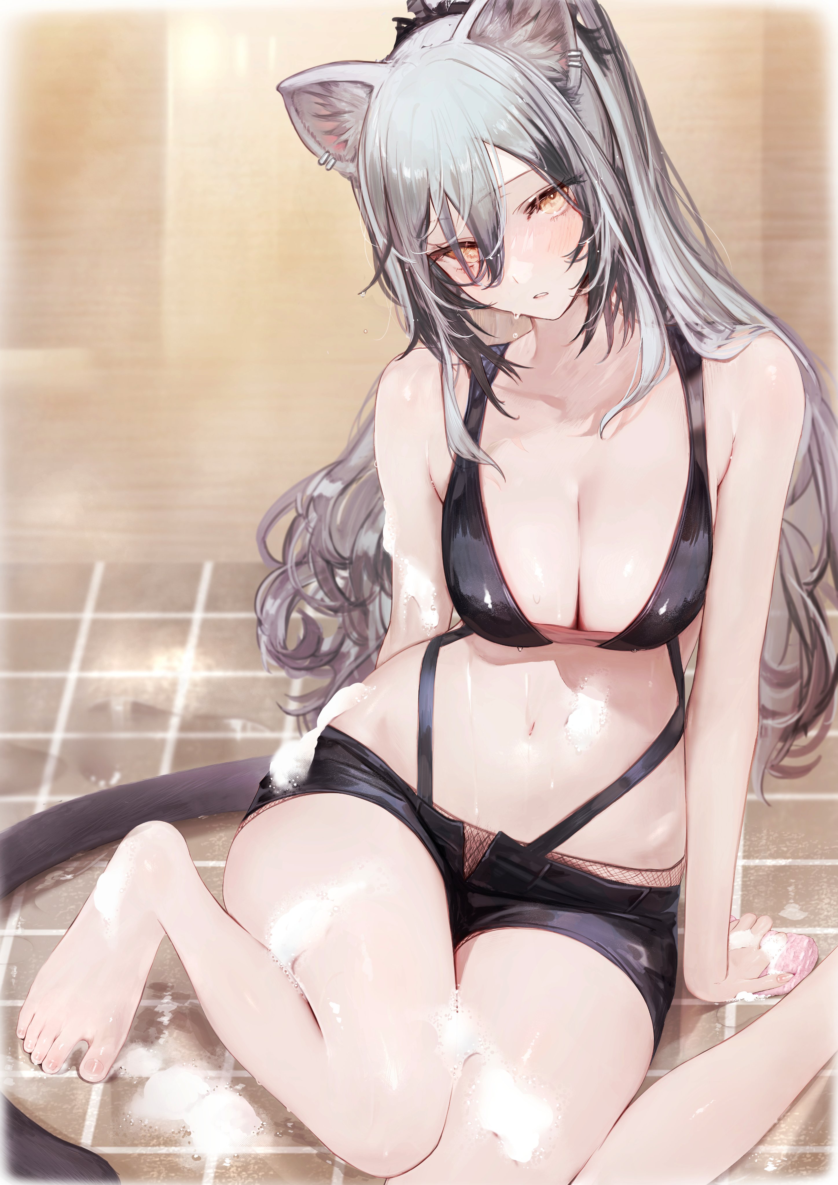 1girls, animal ear fluff, animal ears, arknights, bare legs, bare shoulders, barefoot, big breasts, bikini, blush, bra, breasts, cat ears, cat girl, cat tail, catgirl, cleavage, female, grey hair, kemonomimi, light skin, light-skinned female, long hair, looking at viewer, neko no yochu, schwarz (arknights), sitting, solo, tail, very long hair, yellow eyes
