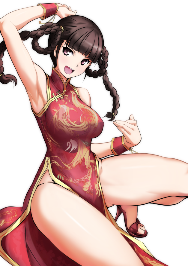 aegis_(nerocc) arm_up armpits asian asian_female braid breasts brown_eyes brown_hair china_dress chinese_clothes dead_or_alive dress female_focus high_heels large_breasts lei_fang looking_at_viewer open_mouth pelvic_curtain smile solo thighs twin_braids