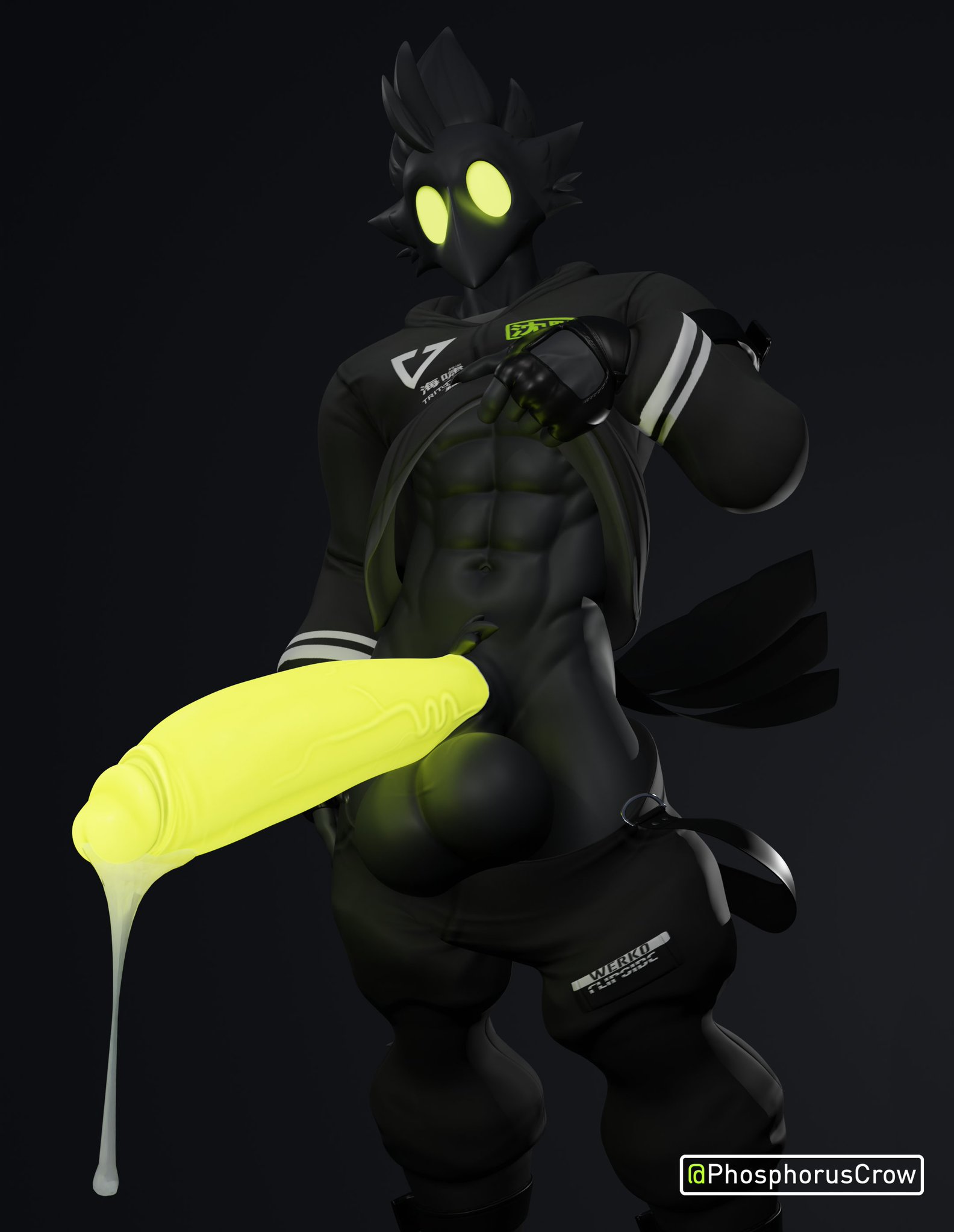 3d, 3d (artwork), abs, balls, beak, big balls, big penis, black body, fit, fit male, gloves, glowing eyes, glowing genitalia, l-tech-e-coyote-l, lifting shirt, looking at viewer, male, penis, phosphoruscrow, precum, precum drip, precum string, ryze (l-tech-e-coyote-l), ryze (phosphoruscrow), simple background, six pack, techwear
