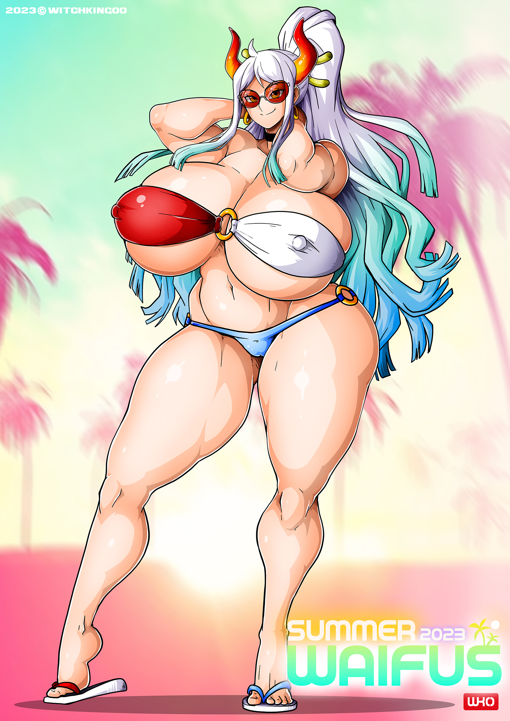 arms behind head, ass, big ass, bikini, bikini bottom, bikini top, blue hair, breasts, breasts bigger than head, choker, covered nipples, curvy, earrings, female, female only, full body, gigantic breasts, glasses, hair ornament, hair stick, highres, horns, jewelry, long hair, looking at viewer, multicolored hair, navel, one piece, open toe footwear, open toe shoes, poking breasts, poking out, ponytail, sandals, skindentation, solo, sunglasses, swimsuit, thick thighs, thighs, two-tone hair, underboob, white hair, wide hips, witchking00, yamato (one piece)