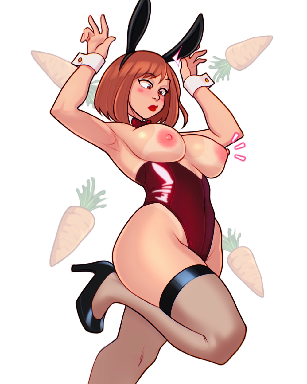 1girls, 2023, armpits, big breasts, bowtie, breasts, breasts out, brown hair, brown-haired female, bunny costume, bunny ear, bunny ears, bunny girl, bunnysuit, carrot, cuffs (clothing), female, female focus, female only, hands up, high heels, jakuson z, lipstick, my hero academia, navel visible through clothes, nipples, ochako uraraka, raised eyebrow, red lipstick, source request, tan lines, thick thighs, thighs, white background