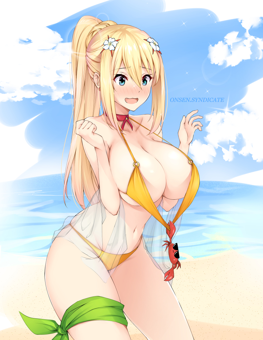 1girls, alternate costume, armpits, barely clothed, beach, big breasts, bikini, blonde hair, blue eyes, blue sky, blush, braid, breasts, choker, crab, darkness (konosuba), depth of field, embarrassed, female, female only, flower, gold bikini, gs (onsen syndicate), hair between eyes, hair flower, hair ornament, huge breasts, kono subarashii sekai ni shukufuku wo!, large breasts, long hair, navel, ocean, onsen syndicate, open mouth, ponytail, red choker, see-through, shiny skin, sideboob, sky, small bikini, solo, stomach, string bikini, swimsuit, thick thighs, underboob, very long hair, x hair ornament, yellow bikini