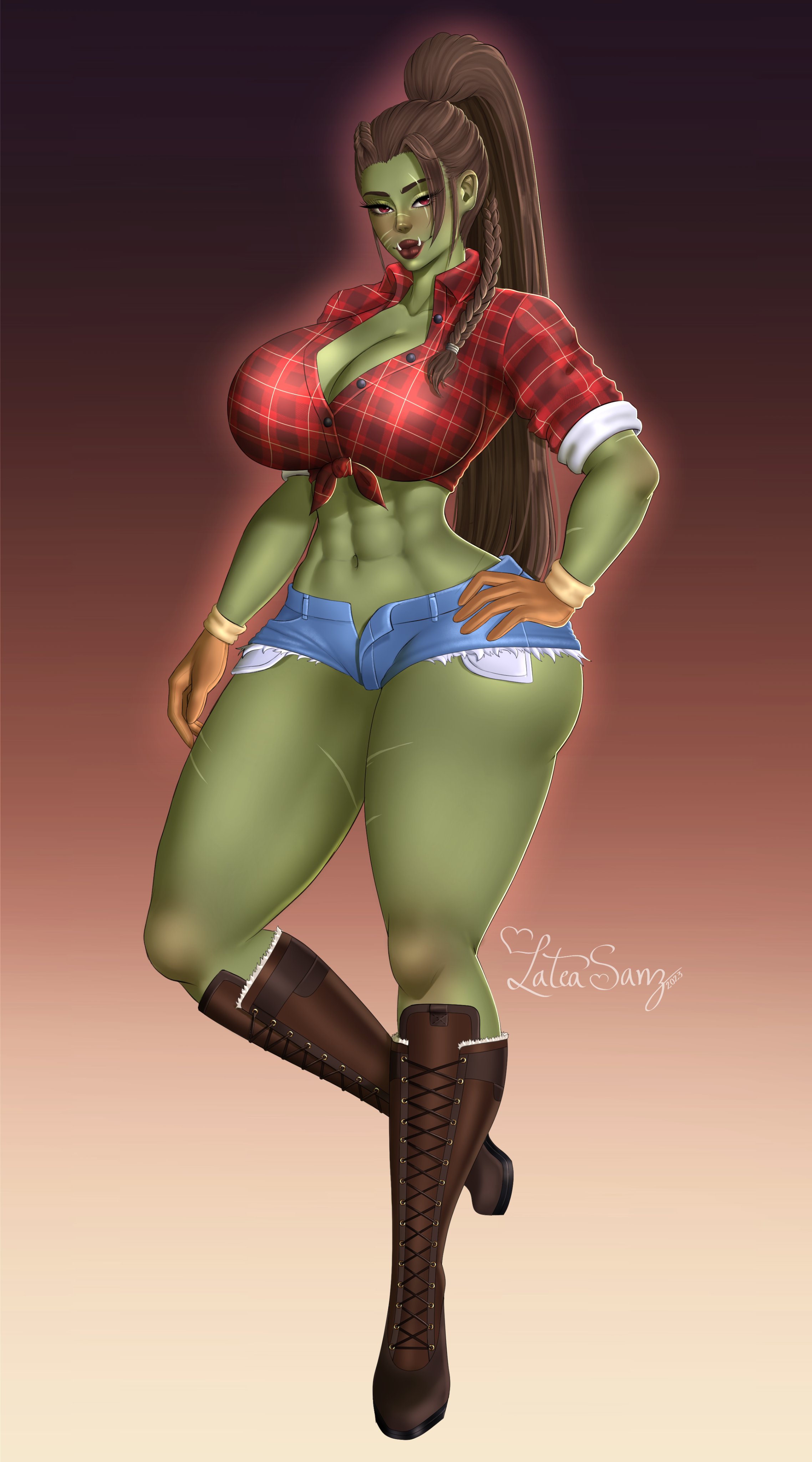 1girls, 2023, abs, absurd res, boots, braid, brown hair, cleavage, commission, eyelashes, fangs, farmgirl, female, female only, full body, gloves, green skin, high ponytail, jean shorts, latea sanz, long hair, looking at viewer, minishorts, orc, orc female, ponytail, red eyes, red lipstick, scar, scar across eye, scar on face, scars, smiling, smiling at viewer, solo, thick thighs, tied shirt