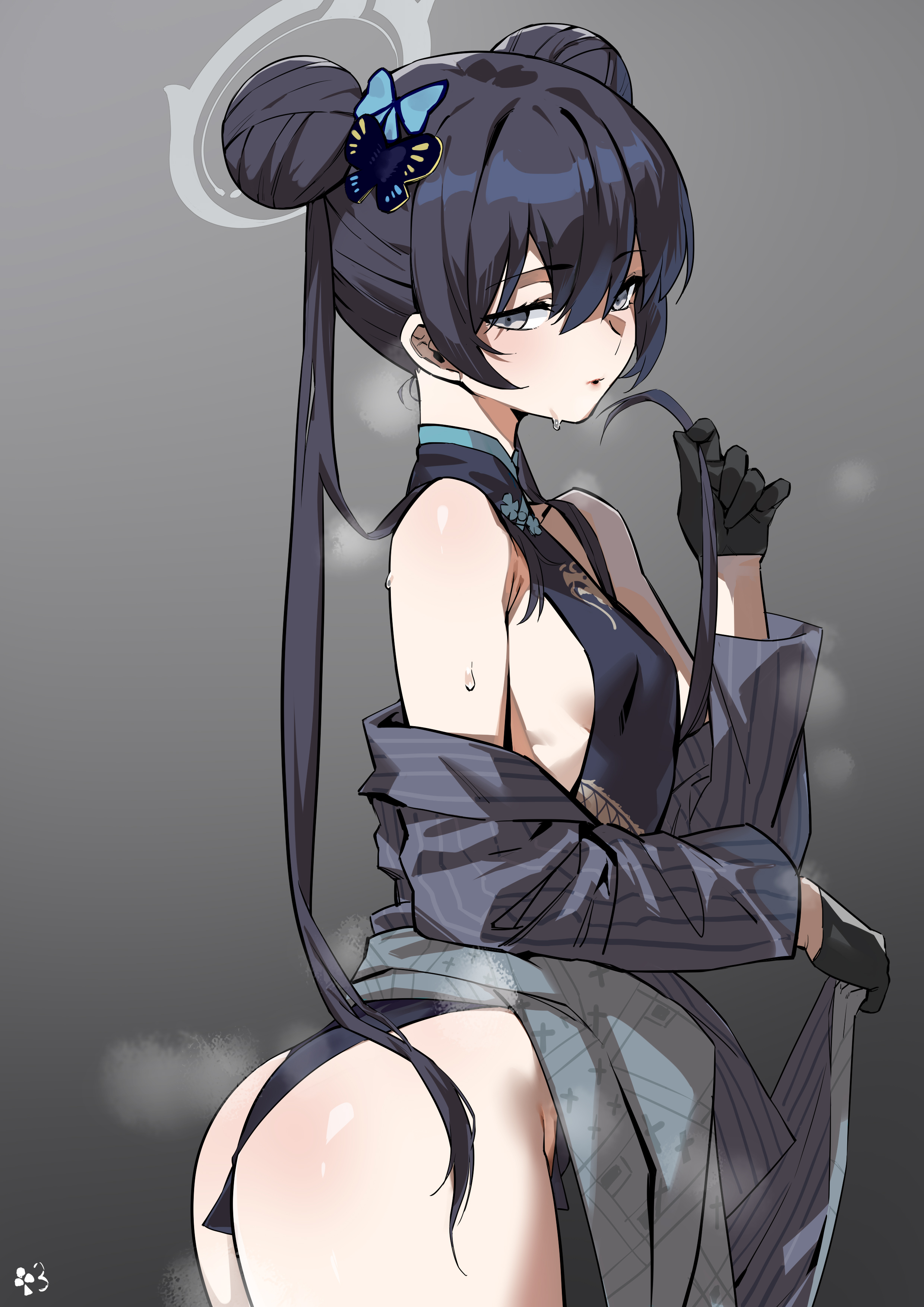 1girls, ass, black hair, blue archive, breasts, butterfly hair ornament, china dress, club3, double bun, dress, female, female only, genryumon (blue archive), gloves, grey eyes, hair ornament, jacket, kisaki (blue archive), light skin, light-skinned female, long hair, shanhaijing secondary school student, sideboob, solo, student council president, sweat, young