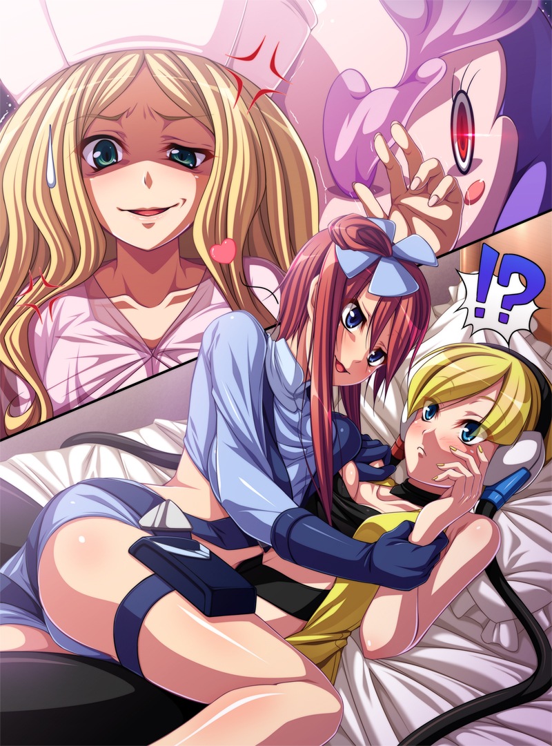 !? 3girls angry ass big_ass blonde_hair blush blushing caitlin_(pokemon) chozuru crazy_smile cuddling digital_media elesa_(pokemon) elesa_(pokemon_bw) eye_twitch female female_only feral girl_on_top heart huuro_(pokemon) imminent_sex long_hair multiple_girls musharna on_back on_bed pinned_down pokemon pokemon_(species) red_hair skyla_(pokemon) small_breasts surprised thick_thighs yuri