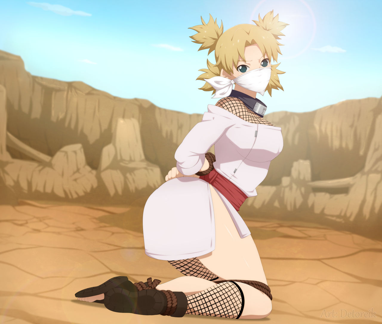 1girls arms_behind_back ass big_ass big_breasts bondage breasts desert detoreik dress female female_only fetish fishnets full_body gag huge_ass immobile kneeling kunoichi looking_at_viewer looking_to_the_side mouth_gag naruto naruto_(classic) naruto_(series) on_knees outdoors petite rope rope_bondage side_view sideboob solo solo_focus temari temari(genin) tied_hands tied_legs tied_up wide_hips young