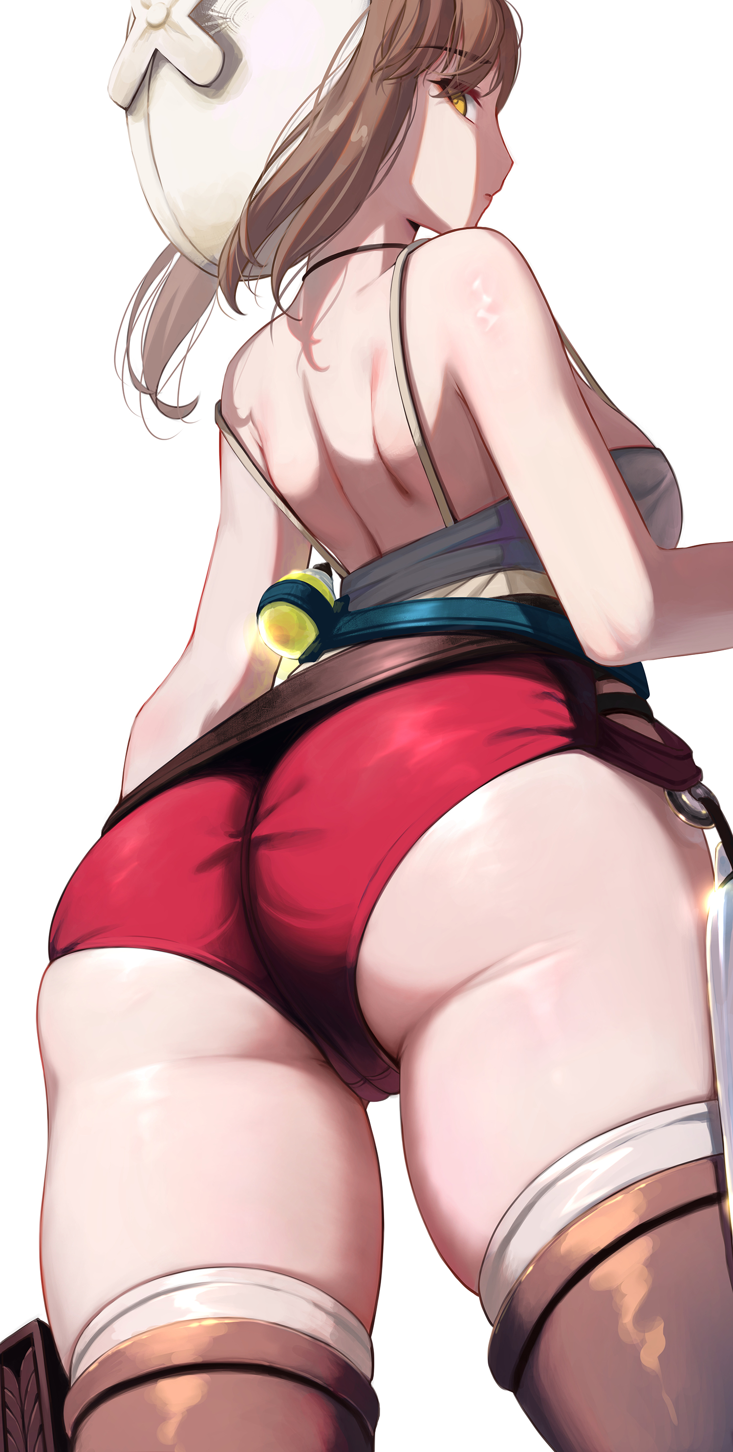 1girls, ass, atelier (series), atelier ryza, booty shorts, breasts, brown eyes, brown hair, female, hat, huge ass, huge breasts, large breasts, light skin, light-skinned female, reisalin stout, short shorts, shorts, simple background, thick thighs, torriet