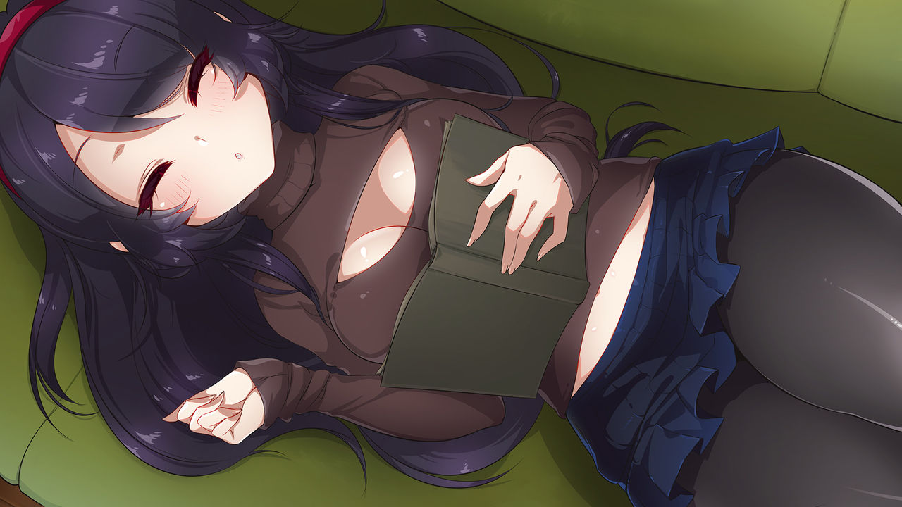 1girls black_hair blue_skirt book breasts brown_sweater chasing_tails_-a_promise_in_the_snow cleavage_cutout closed_eyes couch flat_chest_dev game_cg hairband large_breasts laying_on_couch long_hair open_book pantyhose rin_(chasing_tails) skirt sleeping sweater turtleneck_sweater