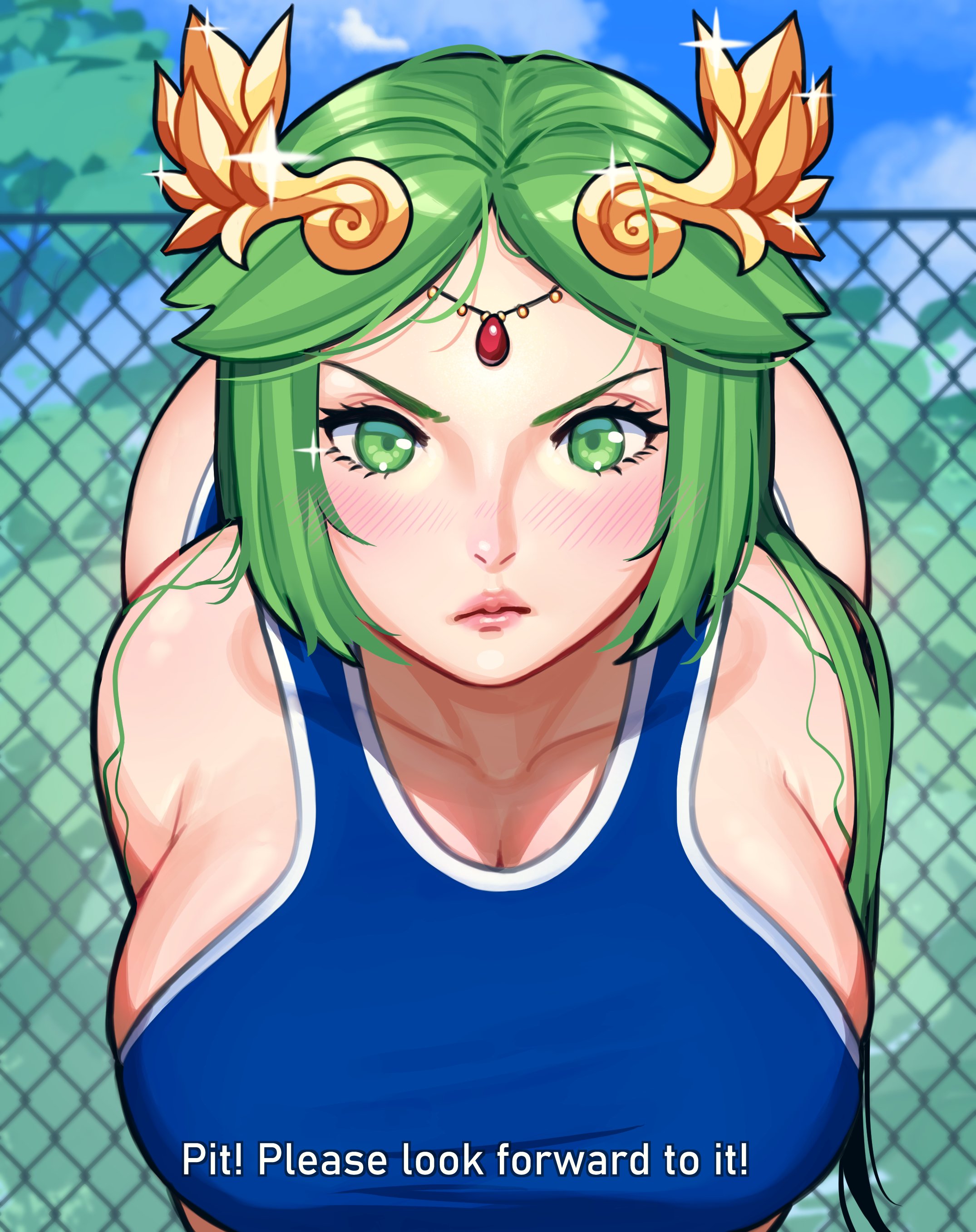 1girls, breasts, crossover, female, front facing with ass, huge breasts, kid icarus, mariezone, nintendo, one-piece swimsuit, palutena, please look forward to it, swimsuit, wide hips