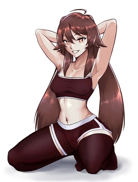 clothed, female, female only, genshin impact, hand on head, hu tao (genshin impact), n0reception, seductive, slim waist, thick thighs, thighhighs, wide hips