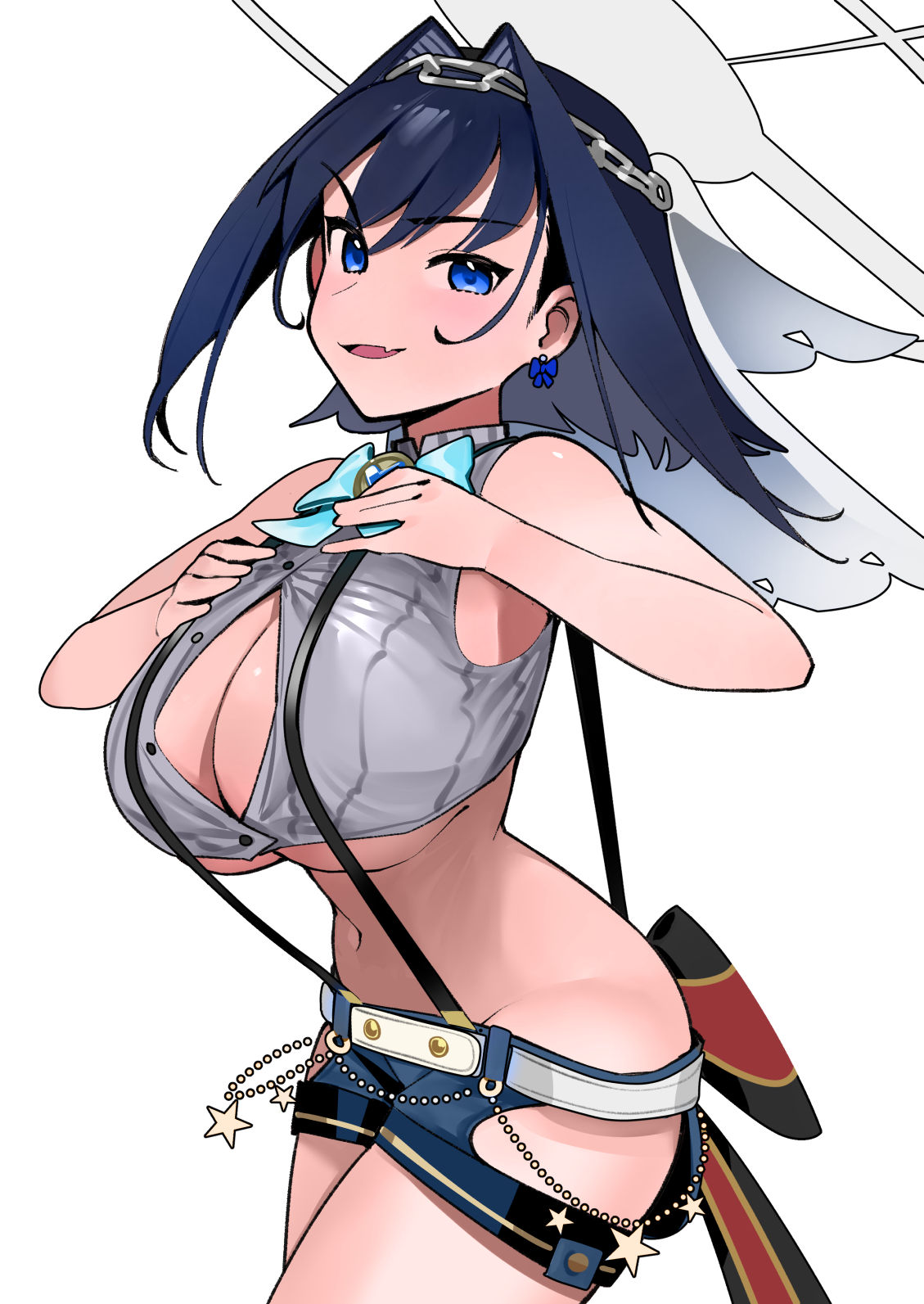1girls, big breasts, blue eyes, blue hair, breasts, cosplay, dismassd, earring, female, female only, hololive, hololive english, hololive english -council-, hololive english -promise-, large breasts, no panties, oozora subaru (cosplay), ouro kronii, smiling, smiling at viewer, solo, virtual youtuber, vtuber, white background