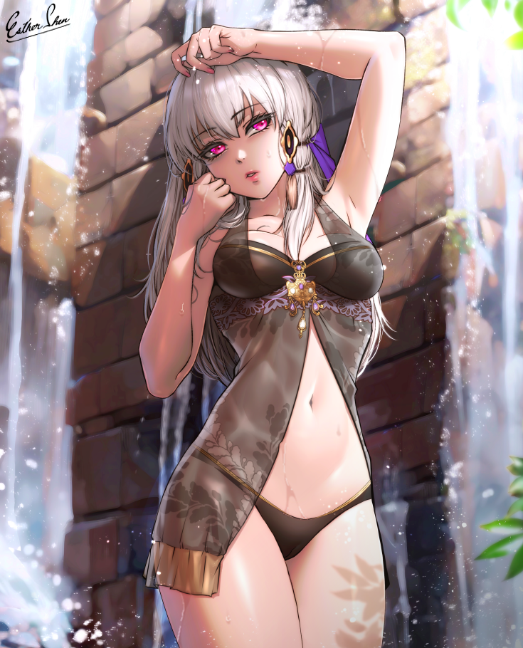 1girls alternate_costume arm_up armpits bikini black_bikini black_swimsuit breasts chemise commentary cowboy_shot esther-shen esther_shen female female female_only fire_emblem fire_emblem:_three_houses hand_up long_hair looking_at_viewer lysithea_von_ordelia medium_breasts navel nintendo parted_lips purple_eyes solo standing stomach swimsuit thighs white_hair