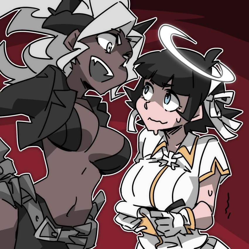2d, 2d (artwork), angel, angel girl, azazel (helltaker), black hair, blue eyes, breasts, female, helltaker, judgement (helltaker), tagme