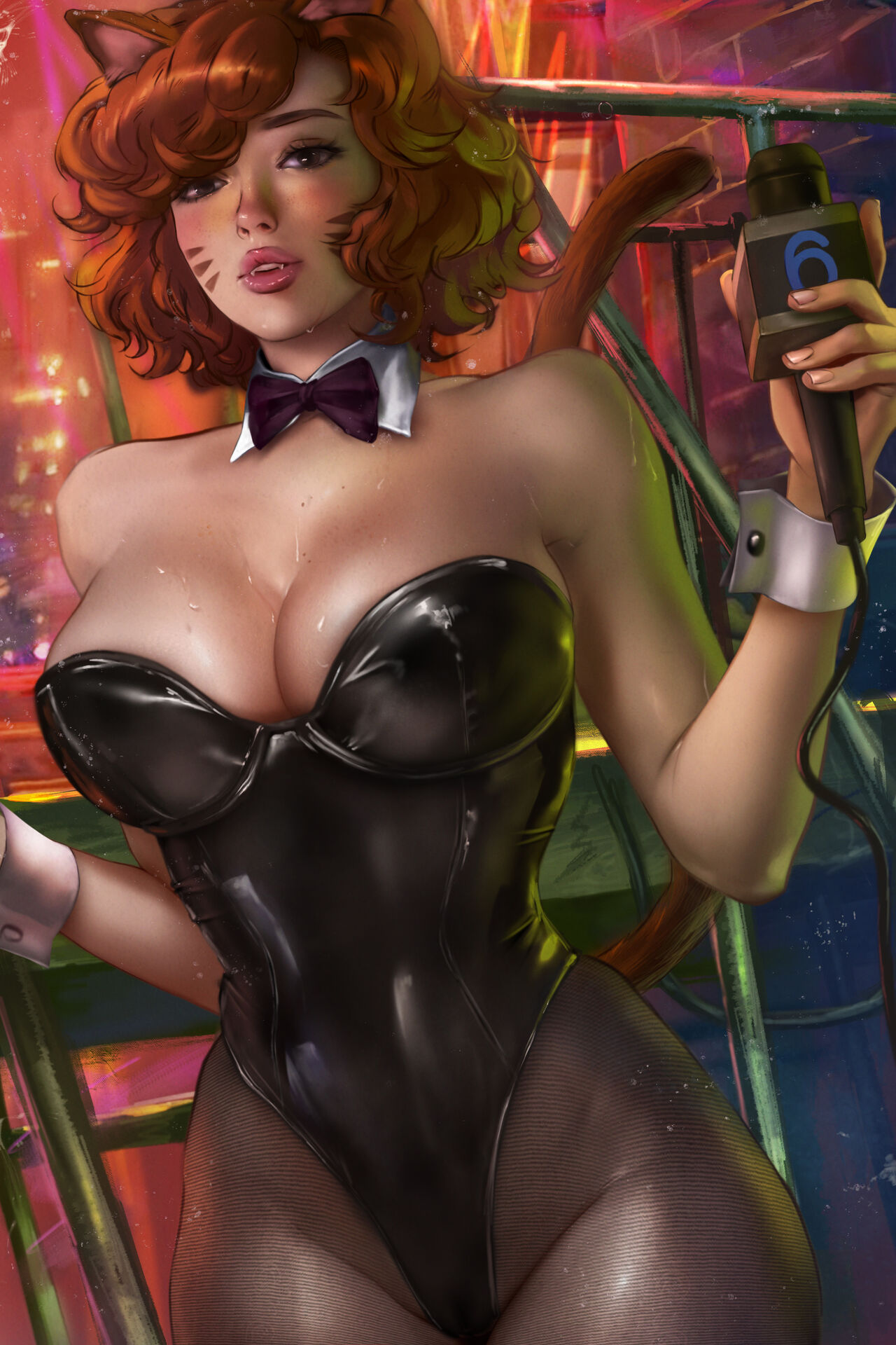 april_o'neil april_o'neil_(tmnt_1987) bowtie cleavage clothing curvy dialogue fake_animal_ears fake_tail fangs female hourglass_figure human leotard logan_cure microphone pale_skin red_hair reporter short_hair teenage_mutant_ninja_turtles text wavy_hair