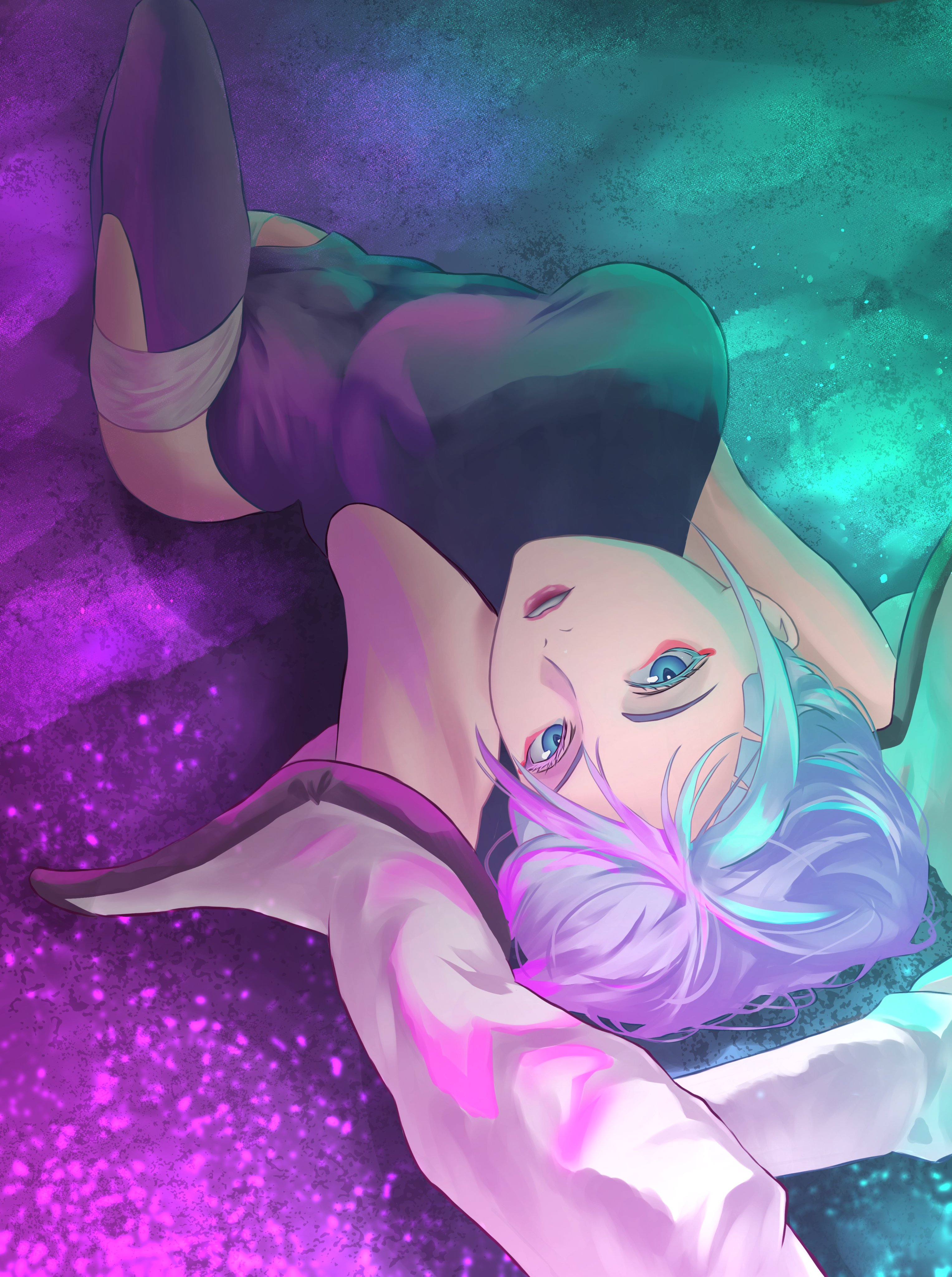 1girls, armpits, big breasts, breasts, bursting breasts, cd projekt red, cyberpunk: edgerunners, cyborg, female, female only, light skin, light-skinned female, looking at viewer, lucyna kushinada, r9030397, studio trigger, upside-down