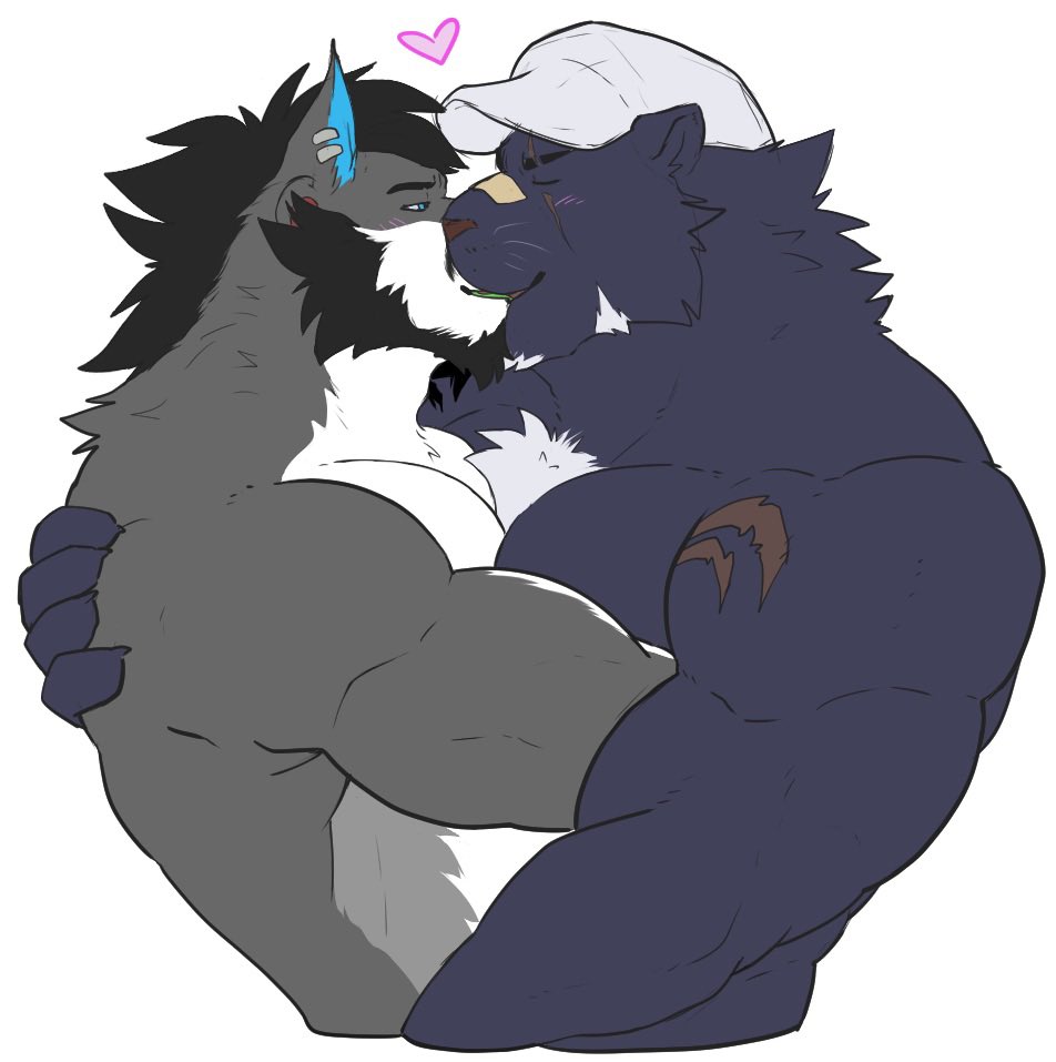 2023 anthro baseball_cap beard biceps black_body black_fur black_hair blue_eyes blue_inner_ear blush blush_lines canid canine canis closed_eyes clothing deltoids duo ear_piercing ear_ring embrace eye_scar facial_hair facial_scar felid fox fur gauged_ear grey_body grey_fur hair hat headgear headwear heart hybrid kissing kyoju_(kyojufolf) kyojufolf male male/male mammal muscular muscular_anthro muscular_male nose_bandage pantherine piercing raikuro_akumura ring_piercing scar shirtless shoulder_scar triceps white_body white_clothing white_fur white_hair white_hat white_headwear wolf