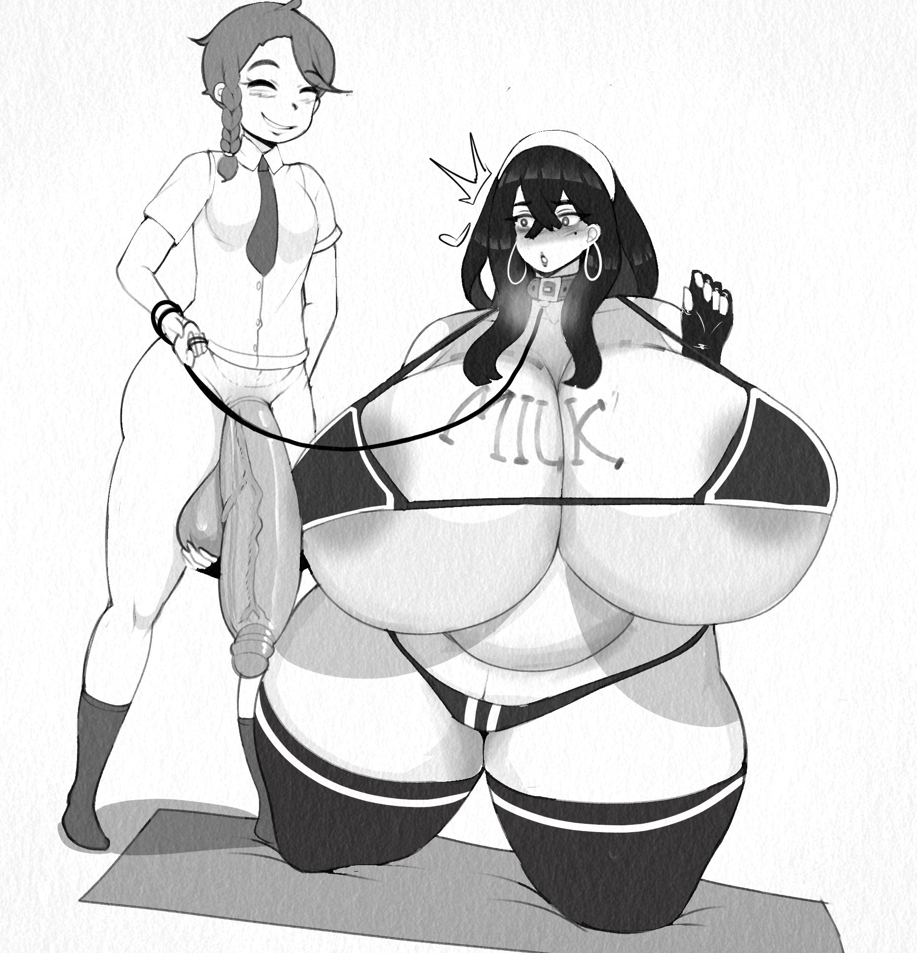 1futa, 1girls, alternate breast size, balls, bbw, bikini, black and white, bottomless, breasts, carmine (pokemon), clothed, clothing, duo, erection, female, fladdykin, futanari, height difference, huge balls, huge cock, human, hyper penis, intersex, juliana (pokemon), kneeling, large breasts, larger female, leash, leash and collar, light skin, light-skinned female, light-skinned futa, mostly nude, nintendo, partially clothed, penis, pokemon, pokemon sv, size difference, sketch, smaller futa, standing, thighhighs, uncensored, venus body, voluptuous