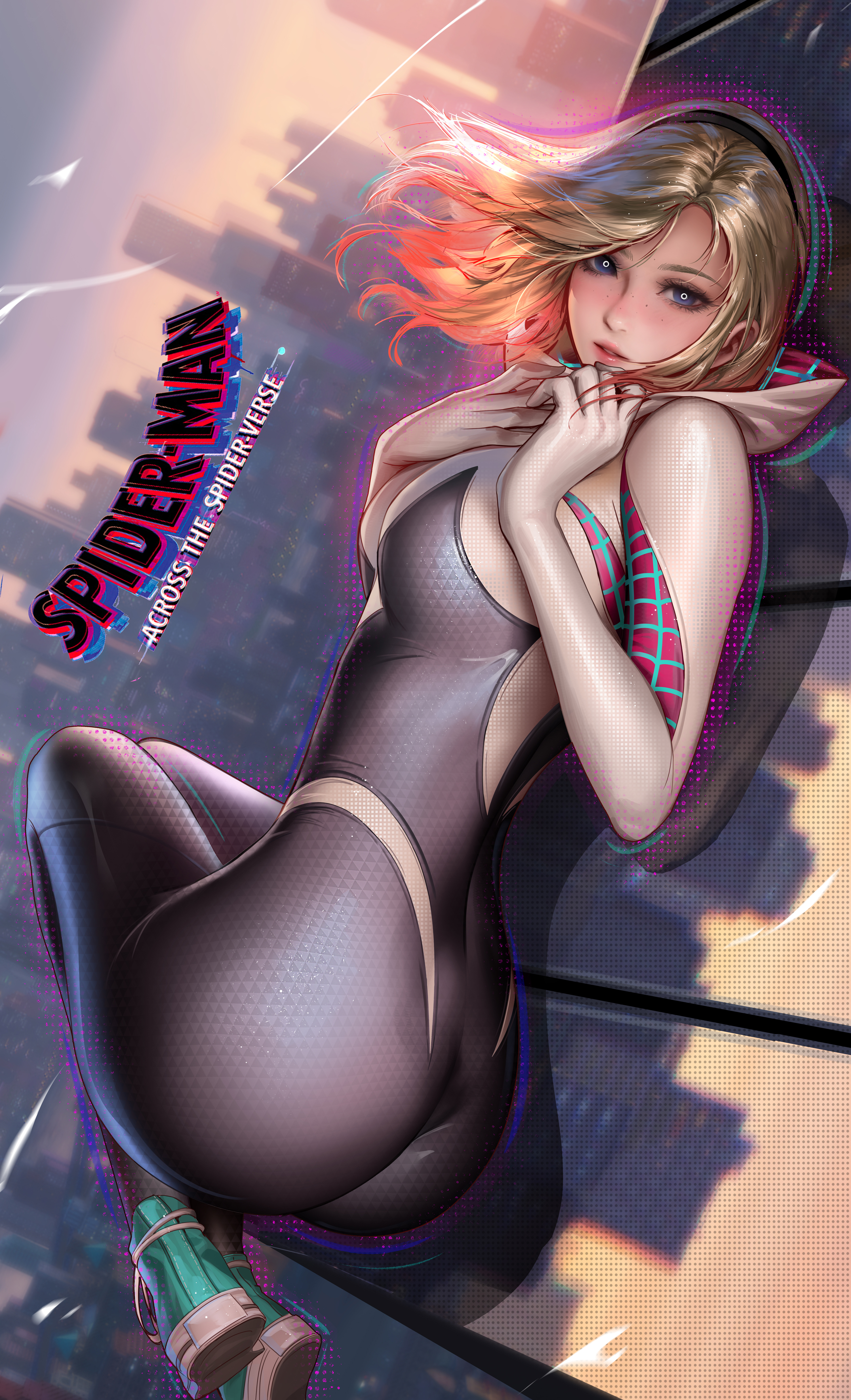 1girls, absurd res, blonde hair, female, female only, gwen stacy, gwen stacy (spider-verse), hairband, liang xing, marvel, marvel comics, solo, spider-gwen, spider-man (series), spider-man: across the spider-verse, text, very high resolution