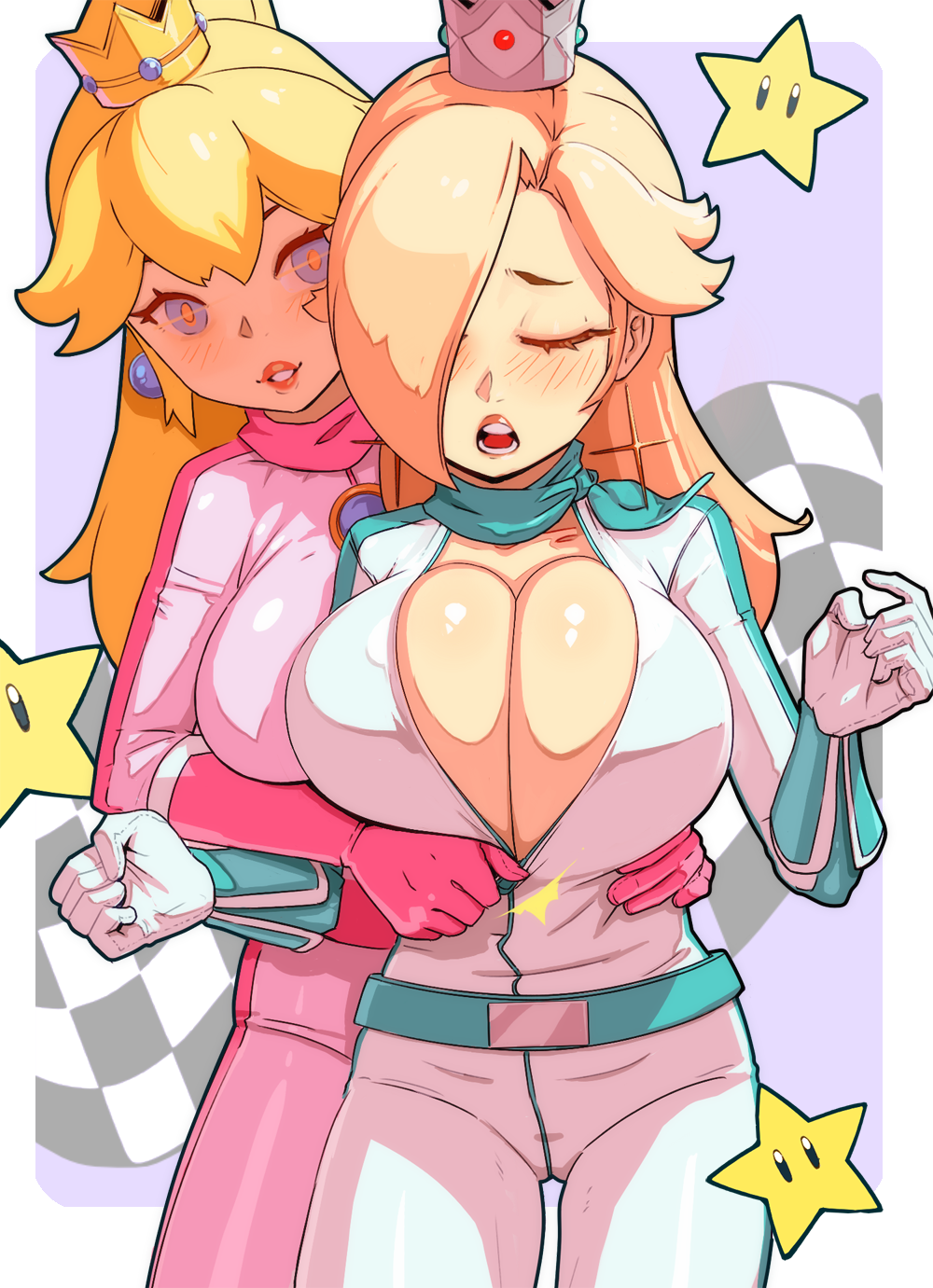 2girls belt biker_clothes biker_peach biker_rosalina bikesuit blonde_hair blue_eyes blush bodysuit breasts cleavage closed_eyes clothing female gloves human long_hair mario_(series) mario_kart nintendo one_eye_obstructed pale_skin princess_peach princess_rosalina scarf skin_tight tight_clothing toxichica unzipped unzipped_bodysuit yuri zipper