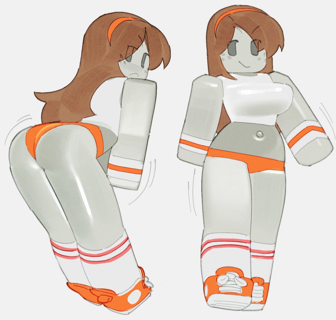 1girls, ass, back view, blocky body, breasts, brown hair, female, freckles, front view, frown, grey skin, hairband, midriff, mob face, navel, roblox, robloxian, sk8tr, smile, sneakers, socks, tagme, wamudraws, white background