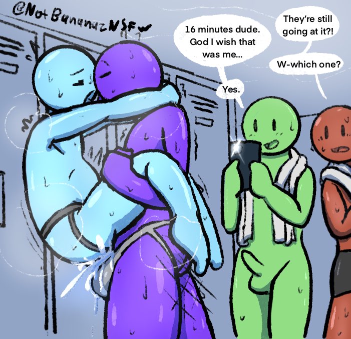 2boys, 4boys, closed eyes, cumming, gay, gay sex, kissing, locker room, male, male only, no clothes, notbananaznsfw, skinny, stickman, sweat, sweating, toony, visible breath