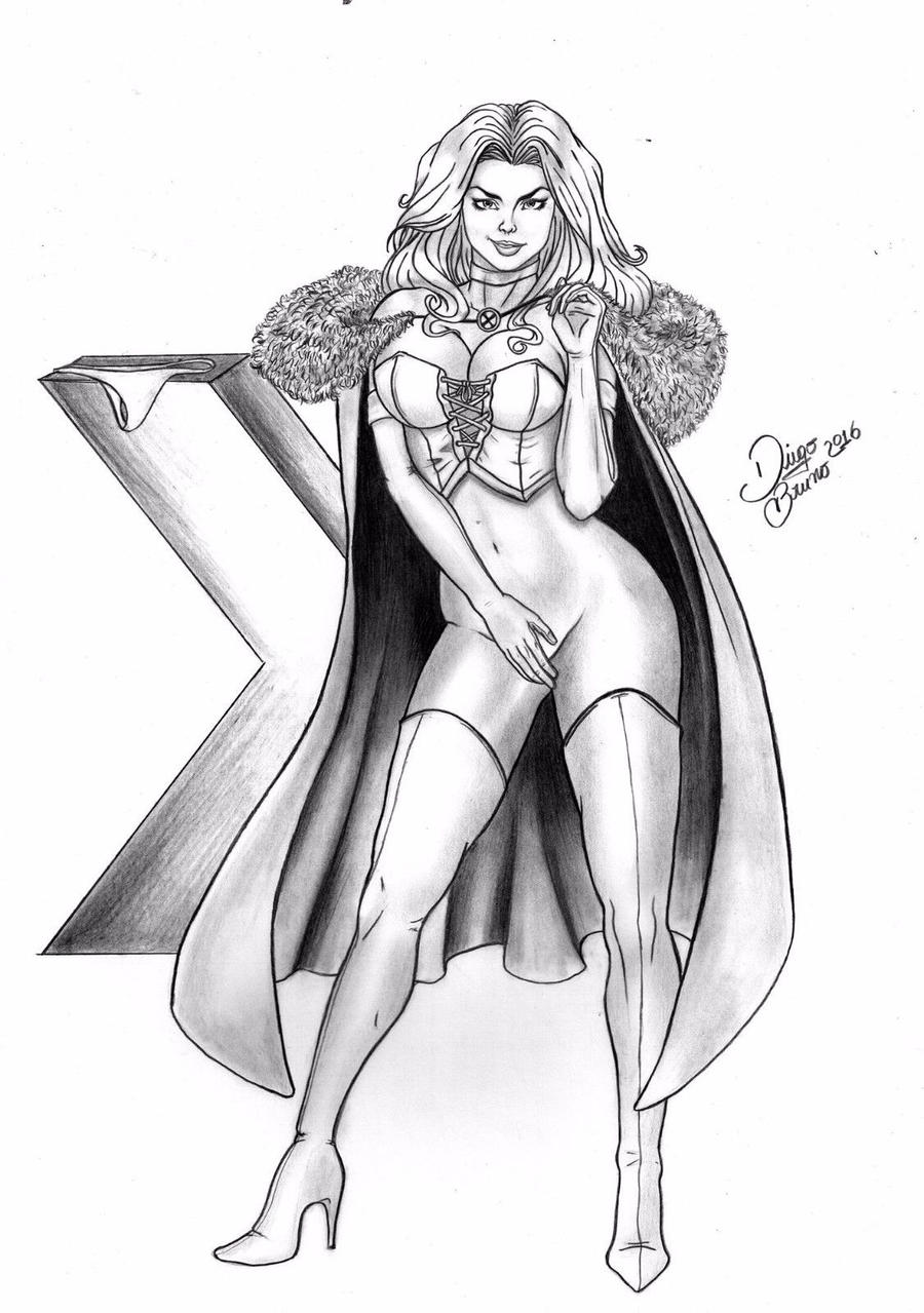 2016 black_and_white bottomless bottomless_female breasts cape corset covering_pussy diego_bruno emma_frost hellfire_club homo_superior hourglass_figure huge_breasts line_art marvel marvel_comics mutant navel telepath thick_thighs thighhighs white_queen x-men