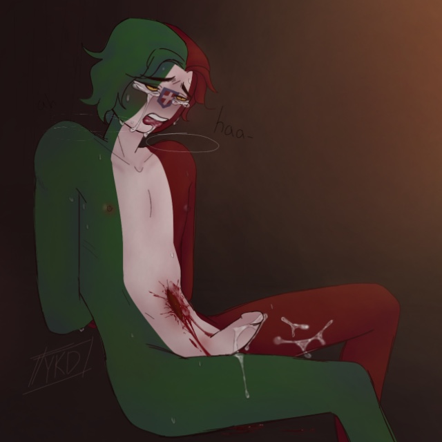 1boy alternate_version_available blood blush countryhumans erection eyebrows_visible_through_hair fascist_italy_(countryhumans) gore guro male male_only multicolored_body multicolored_hair multicolored_skin penis tears wounded yellow_eyes