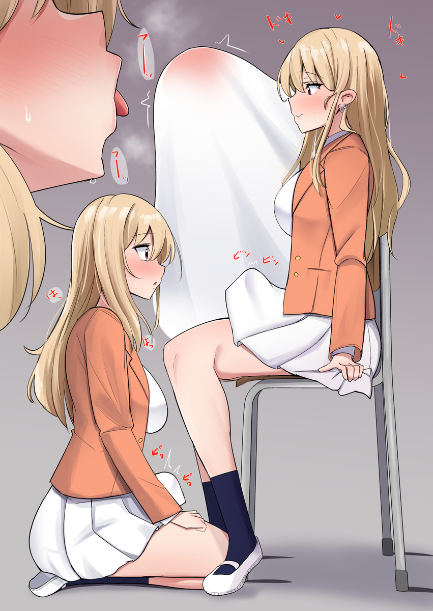 2futas big_breasts big_penis blonde_hair breasts clothed clothing duo erection fully_clothed futa_on_futa futa_only futanari human imminent_oral japanese_text kneeling light-skinned_futanari light_skin long_hair on_knees penis penis_awe penis_under_clothes penis_under_skirt school_uniform seranon sitting skirt tongue tongue_out