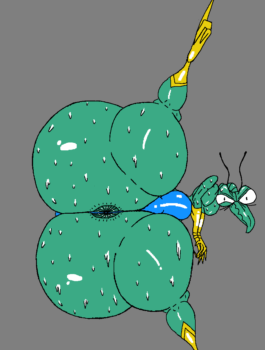 3_toes 4_fingers antennae_(anatomy) anthro anus anus_behind_thong arthropod ass big_butt bodily_fluids bulge clothing dokarian feet fingers flat_colors footwear glistening glistening_body gloves handwear hanna-barbera insects lying male mantis on_side plamzdoom solo space_ghost_(series) spread_legs spreading sweat thong toes underwear