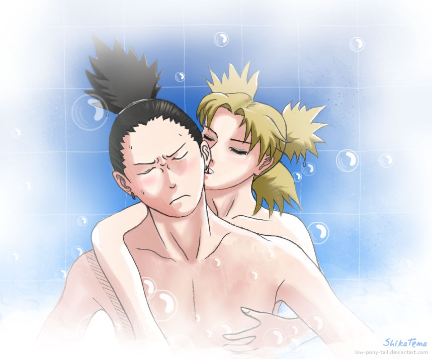 1boy 1girls assertive assertive_female bath bathing bathing_together black_hair blonde_hair bubble_bath canon_couple couple embarrassed female hug hugging hugging_from_behind licking licking_ear low-pony-tail male male/female nara_shikamaru naruto naruto_(series) naruto_shippuden nude shared_bathing straight teasing temari upper_body