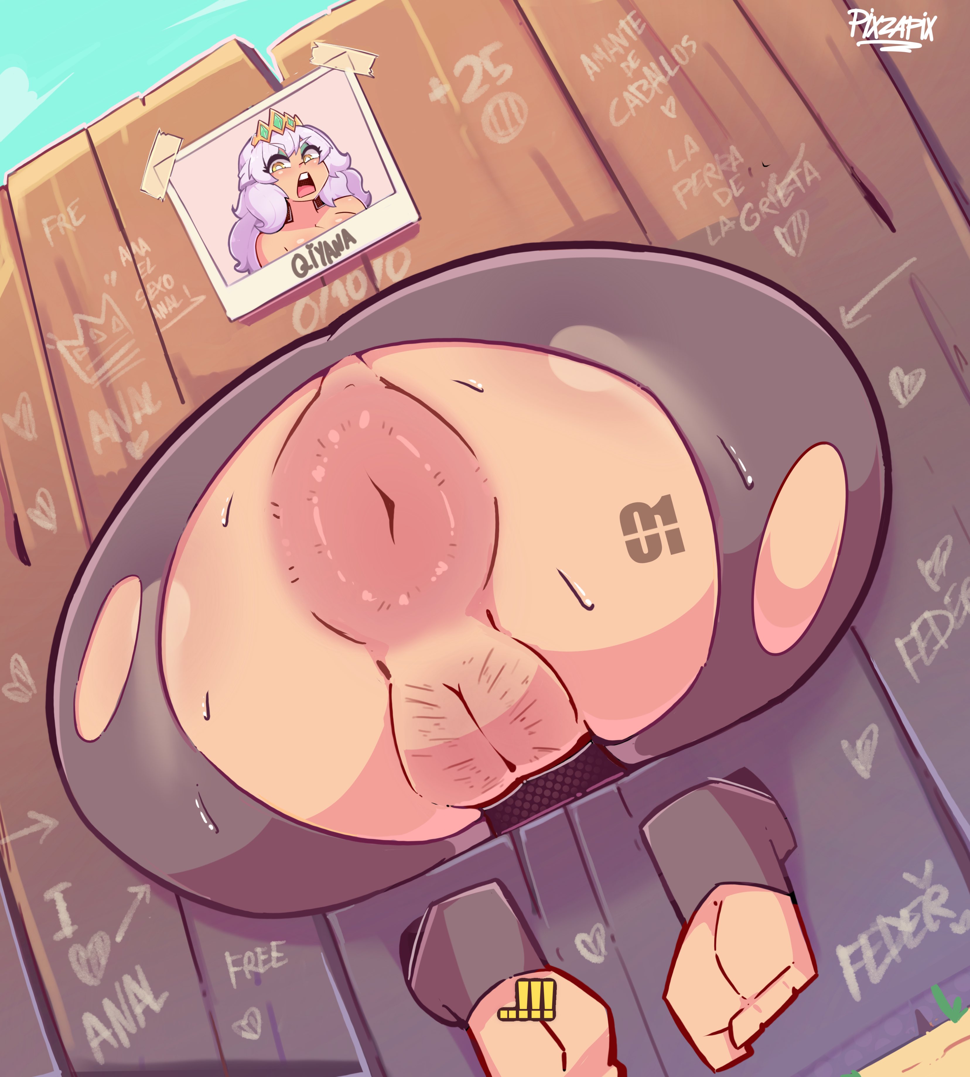 1girls, anus, ass, breasts, donut, donut anus, feet, female, female only, huge anus, huge ass, huge breasts, league of legends, outside, pixzapix, puffy anus, pussy, qiyana yunalai, rear view, riot games, stuck in wall, uncensored