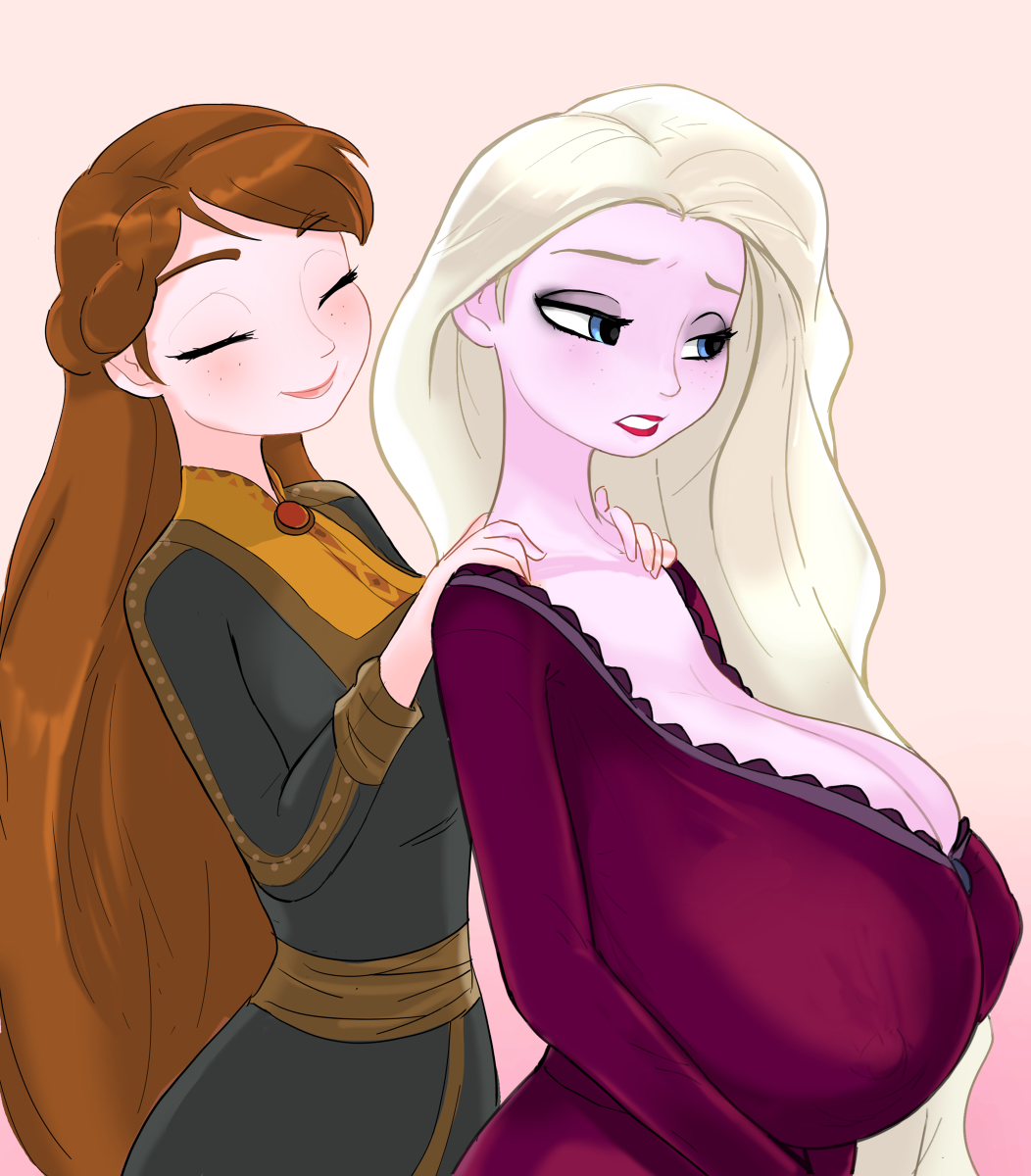 2girls alternate_breast_size anna_(frozen) clothed disney disney_princess elsa_(frozen) frozen_(film) frozen_2 huge_breasts massage multiple_girls pendulous_g sisters smiling