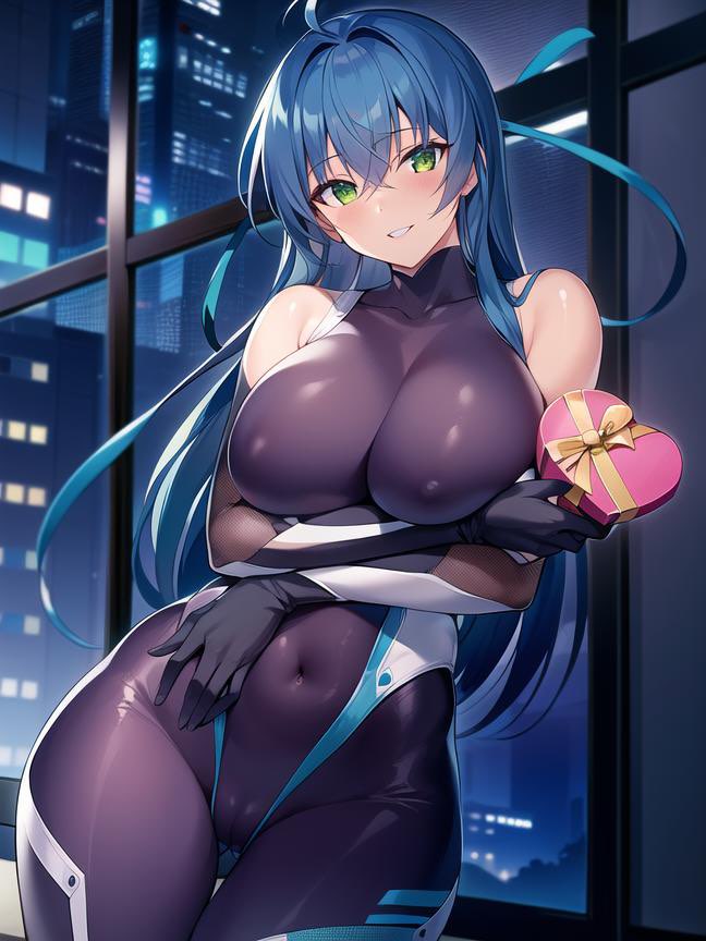 ai generated, blue hair, breasts, close-up, curvy, female, green eyes, high resolution, highres, huge breasts, igawa asagi, looking at viewer, nai diffusion, ninja, pov, purple bodysuit, shiny clothes, shiny hair, shiny skin, skyrimgamer17, smiling at viewer, stable diffusion, taimanin (series), thick thighs, wide hips