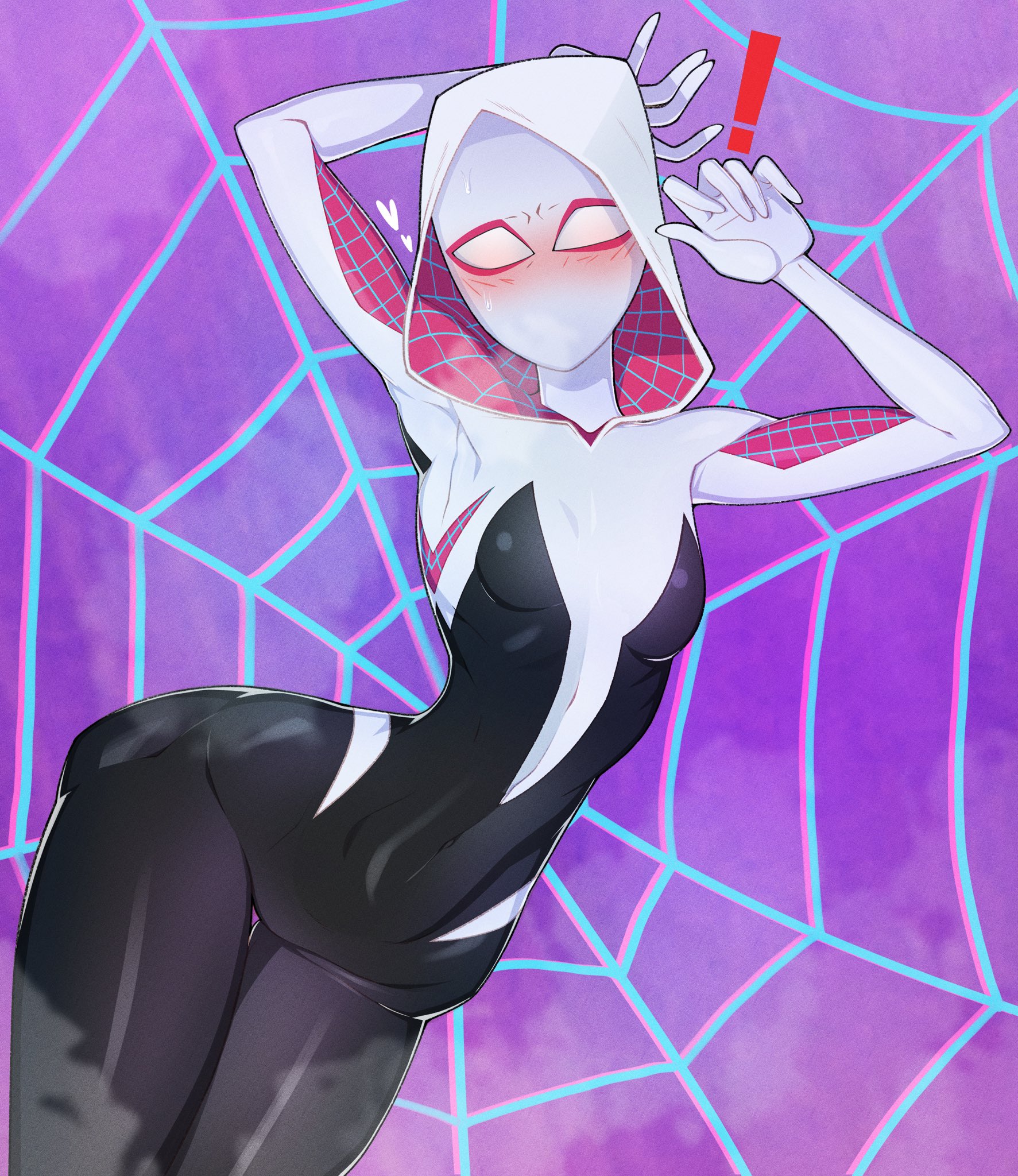 1girls, blush, blushing, breasts, child bearing hips, clothed, costume, erotic body, female, female only, fully clothed, gwen stacy, heroine, hips, hood, hood up, human, human only, marvel, marvel comics, mask, masked, masked female, minicop2001, small breasts, spider-gwen, spider-man (series), spider-man: into the spider-verse, superhero costume, superheroine, thick, thick thighs, thighs, thin waist, wide hips