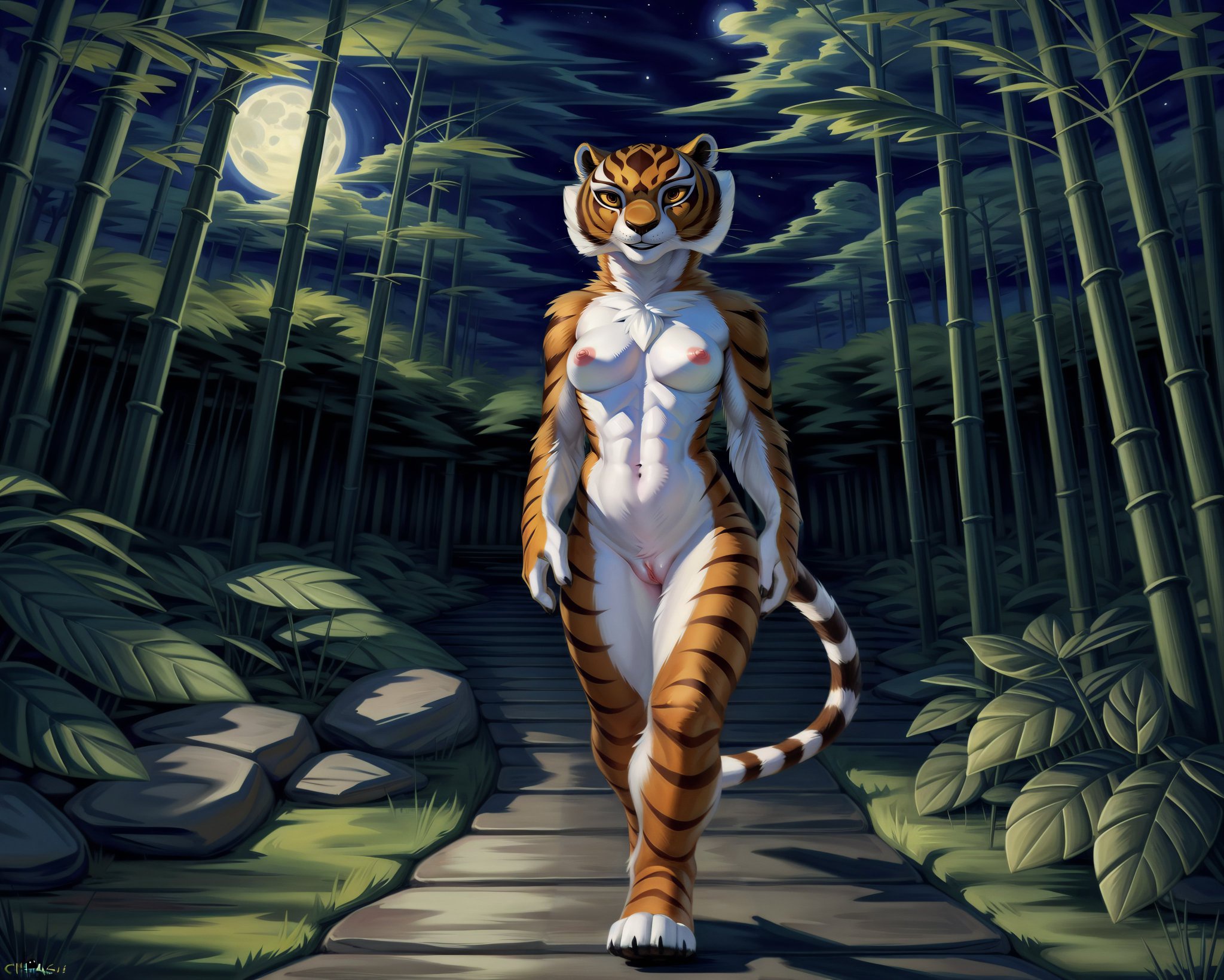 ai generated, anthro, breasts, feline, felis, female, kung fu panda, mammal, master tigress, nude, tiger, walking