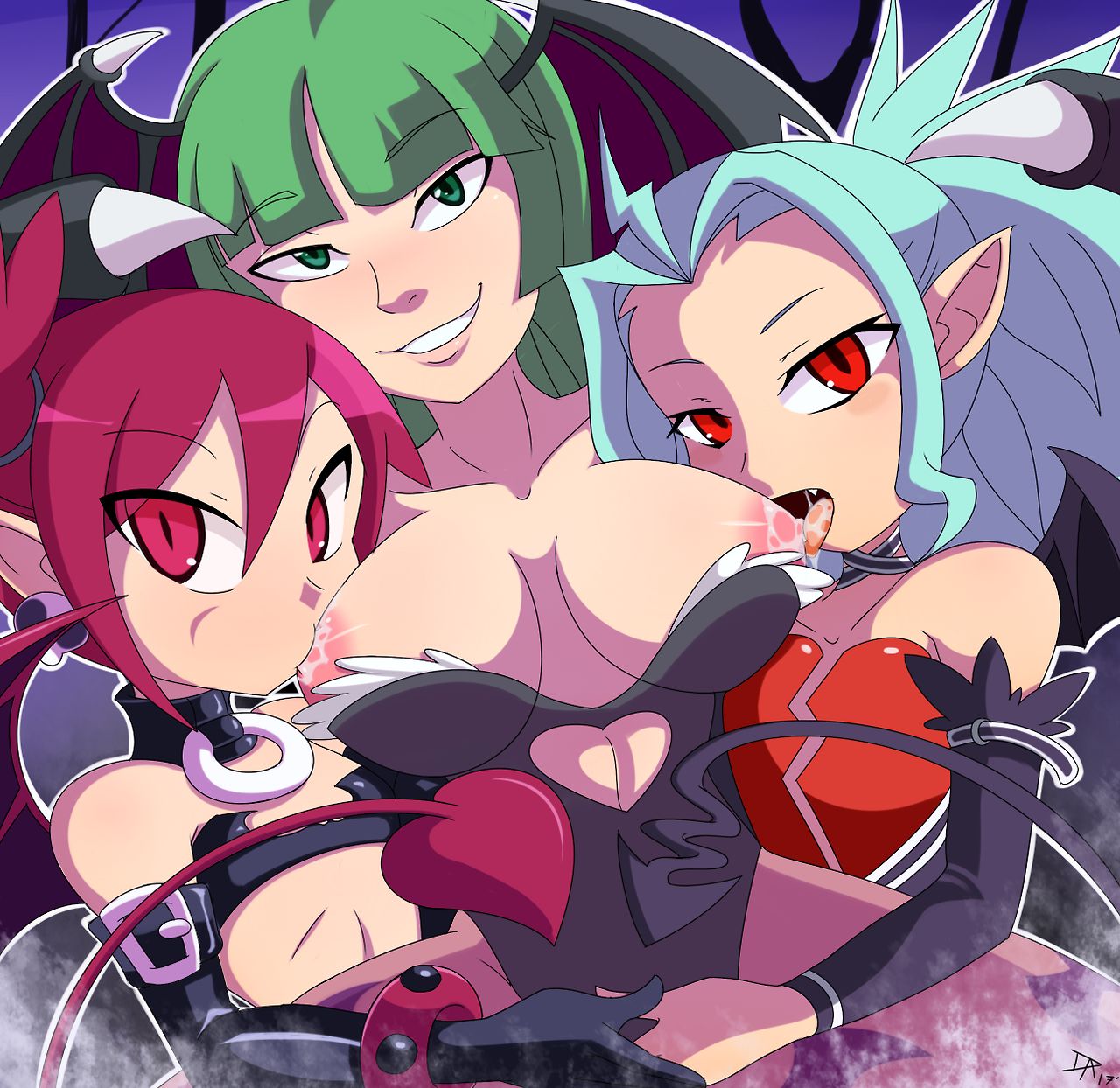 3girls age_difference blue_hair breast_sucking clothing crossover dalley_le_alpha darkstalkers dinah disgaea disgaea_1 etna female female_only flat_chest green_eyes green_hair large_breasts morrigan_aensland multiple_girls nippon_ichi_software red_eyes red_hair size_difference succubus summon_night summon_night_swordcraft_story summon_night_swordcraft_story_2 threesome unknown_character vampire vampire_girl vampire_savior yuri