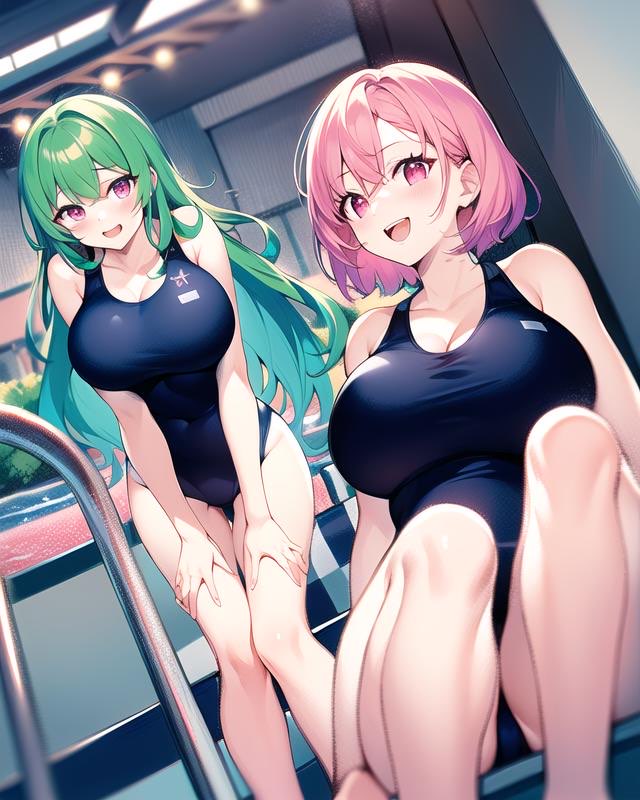 ai_generated curvy gakuen_de_jikan_yo_tomare green_hair hentai high_resolution highres huge_breasts indoor_pool katie_majima looking_at_viewer nai_diffusion pink_eyes pink_hair pool pov purple_eyes school_swimsuit shinjou_honoka shiny_clothes shiny_hair shiny_skin skyrimgamer17 stable_diffusion thick_thighs wide_hips